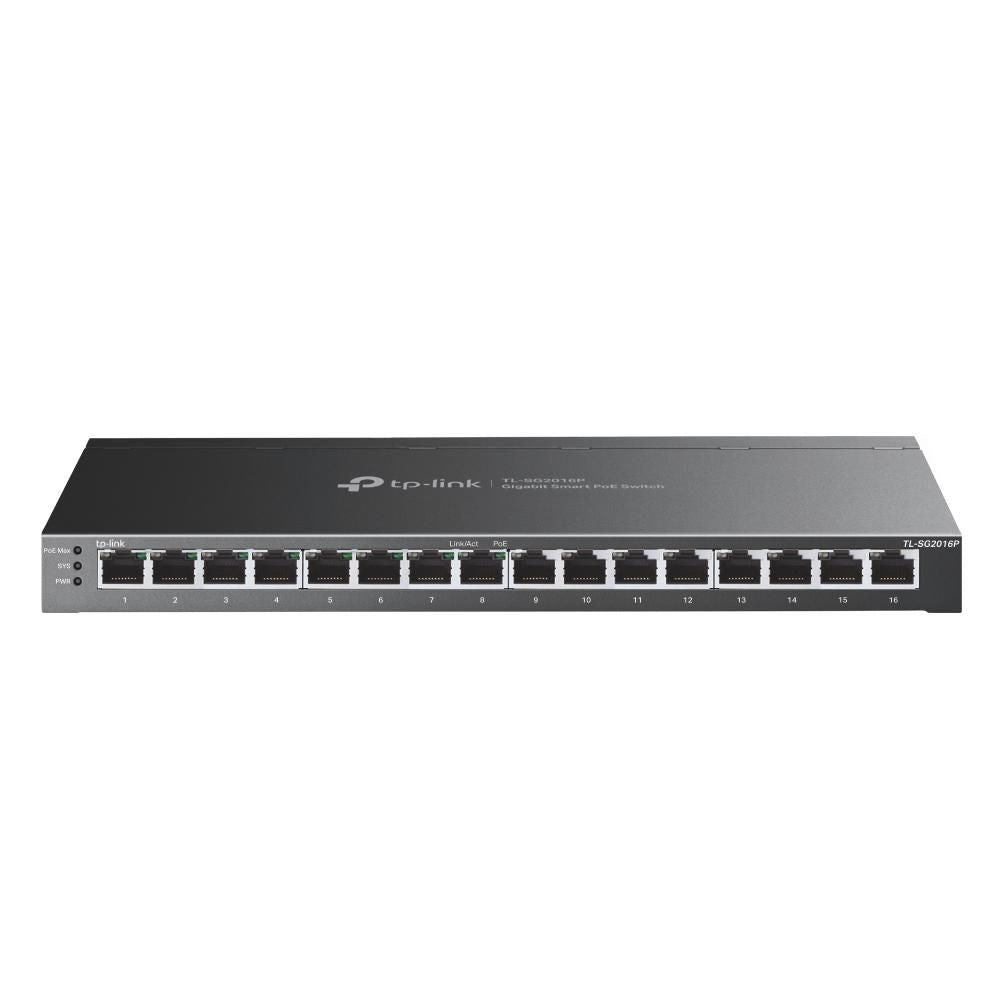 Ein schwarzer TP-Link TL-SG2016P Gigabit Smart PoE Switch mit 16 Ports.
