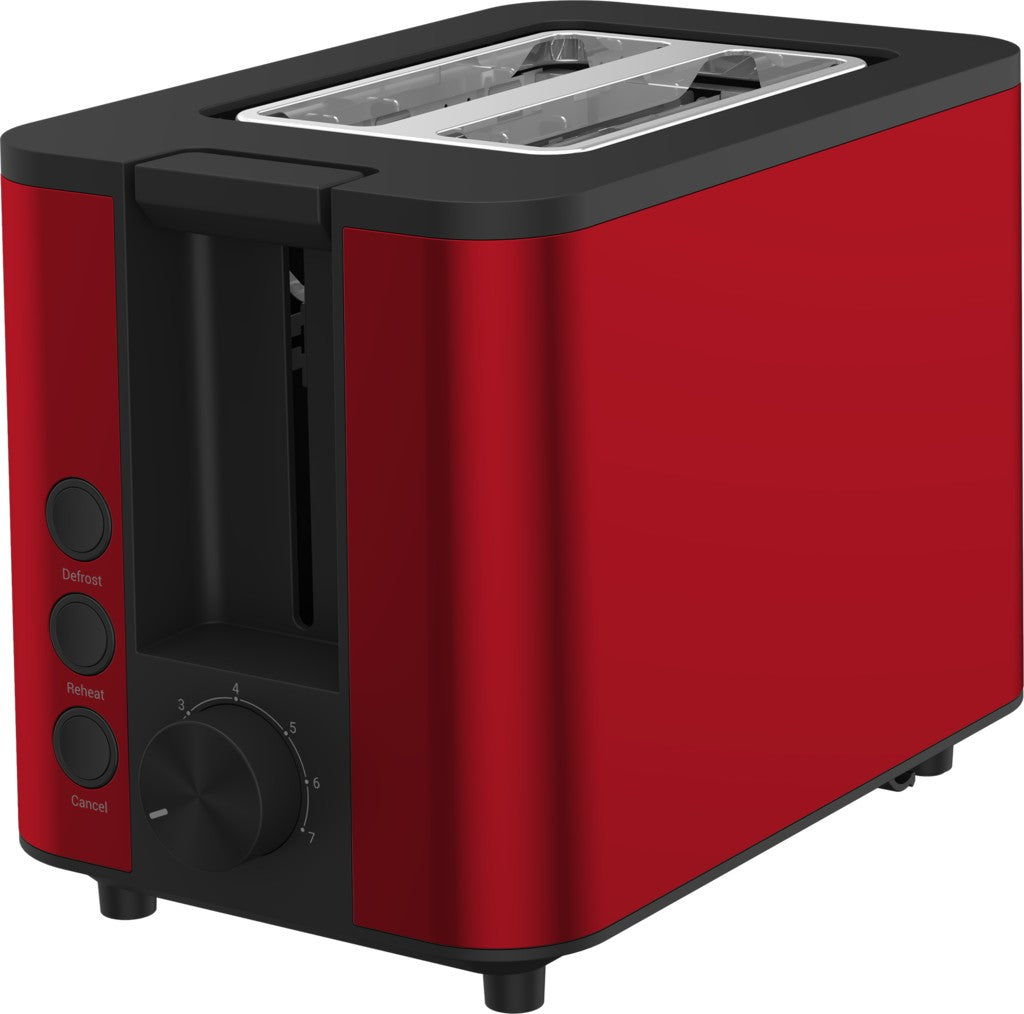 Ein roter Toaster mit schwarzen Bedienelementen und Schlitzen oben.