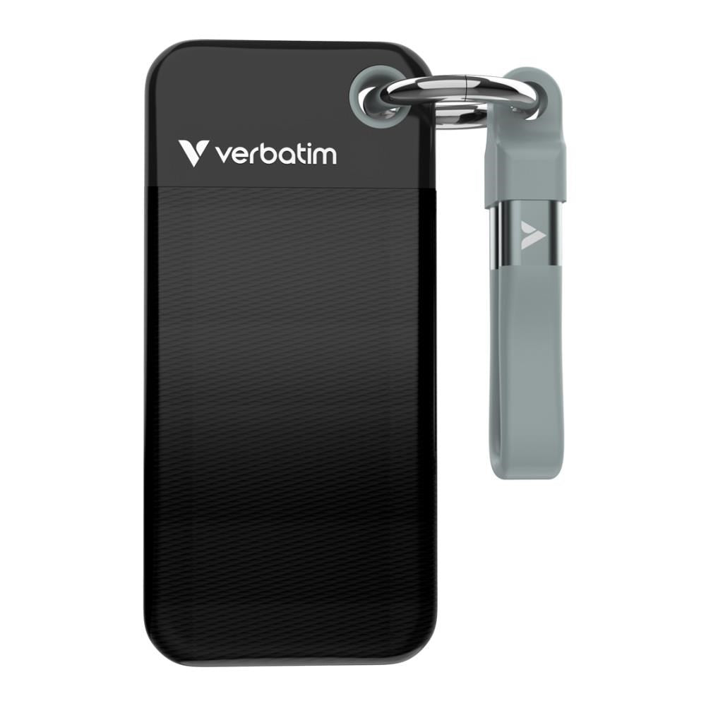 Zwarte Verbatim USB-stick met grijze riem en zilveren sleutelhanger.