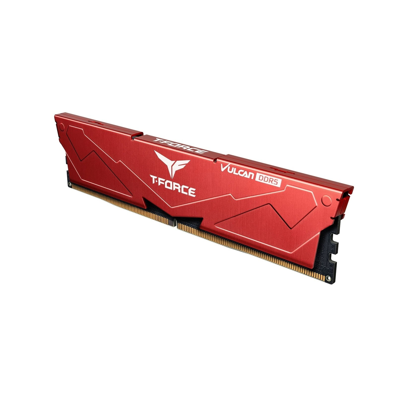 Rood RAM-geheugenkaartje met T-Force en Vulcan DDR5-opschrift.