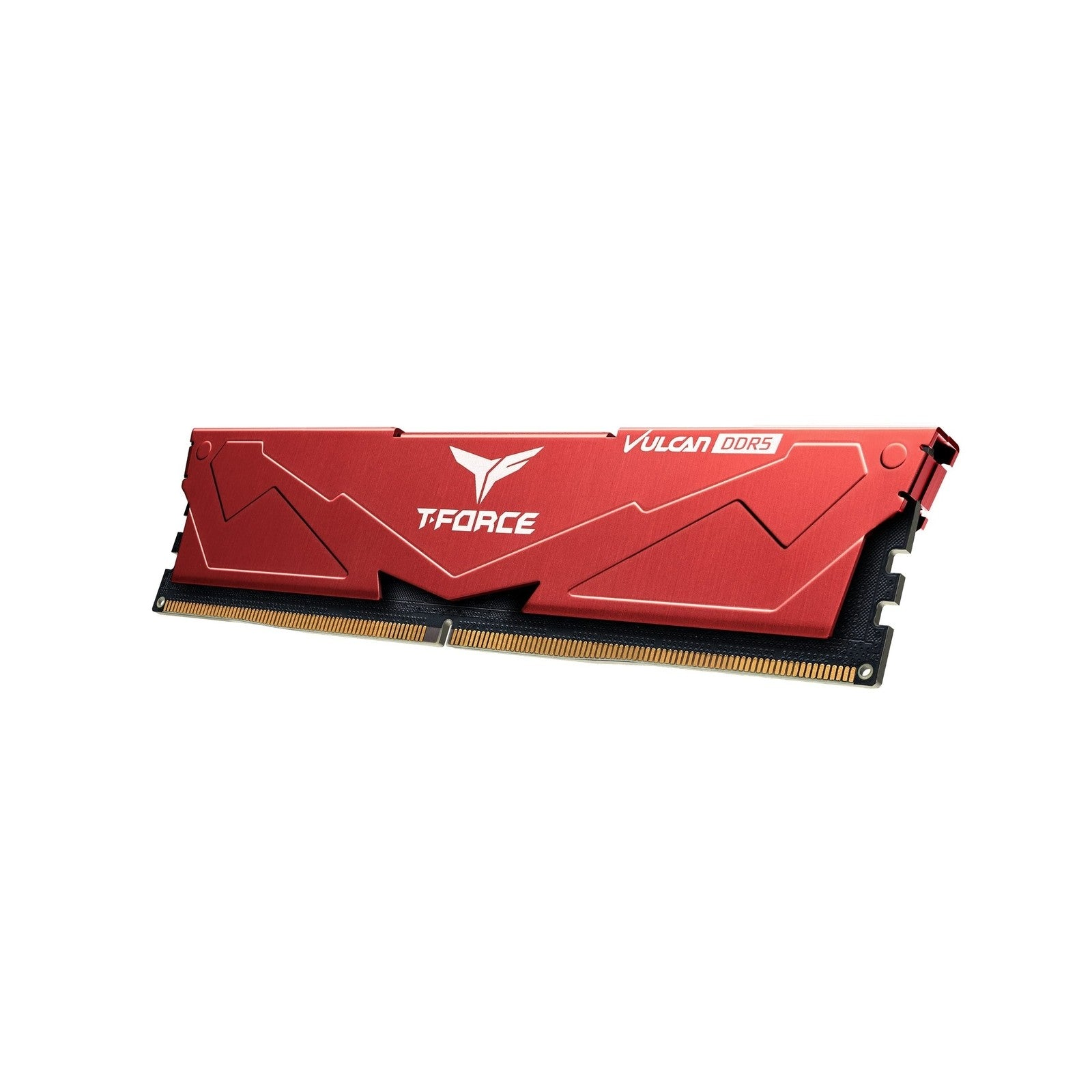 Rode T-Force Vulcan DDR5 RAM-module met gouden contacten op witte achtergrond.