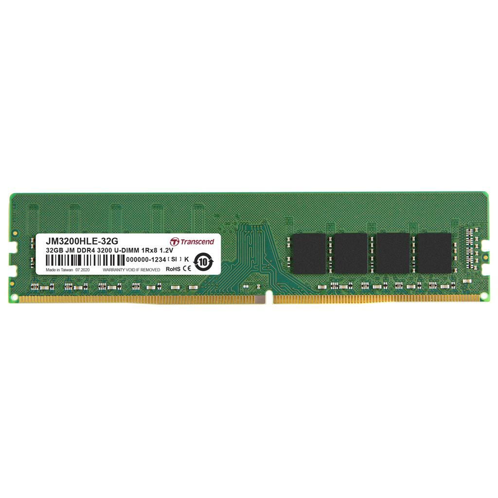 Module RAM vert avec marque Transcend et spécifications.