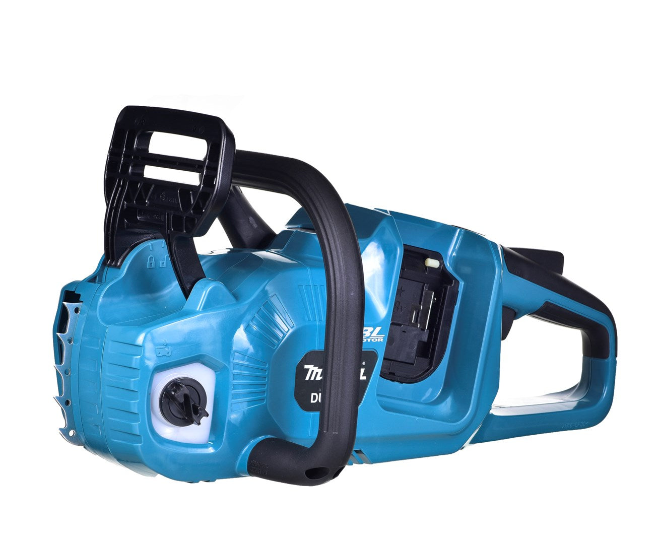 Una motosierra azul con mango y protector de cadena negros.