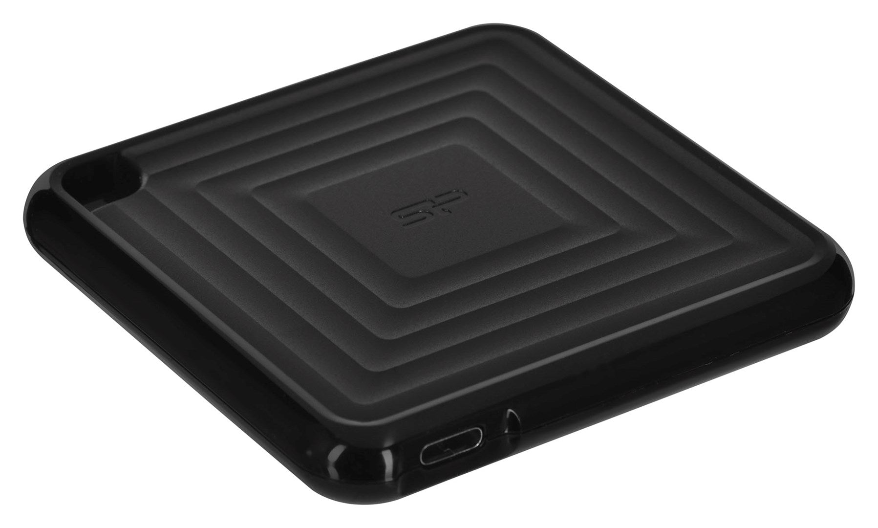 Dispositivo rectangular negro con ranuras concéntricas y un logo.