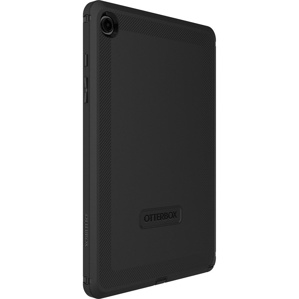Tablette noire dans un étui Otterbox, avec caméra et boutons visibles.