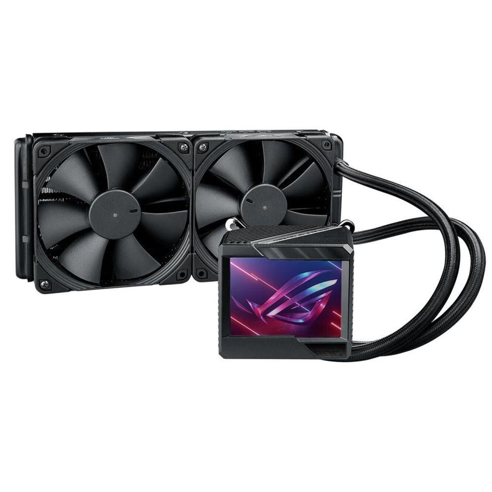 A black CPU cooler with two fans and a small screen displaying the ROG logo.