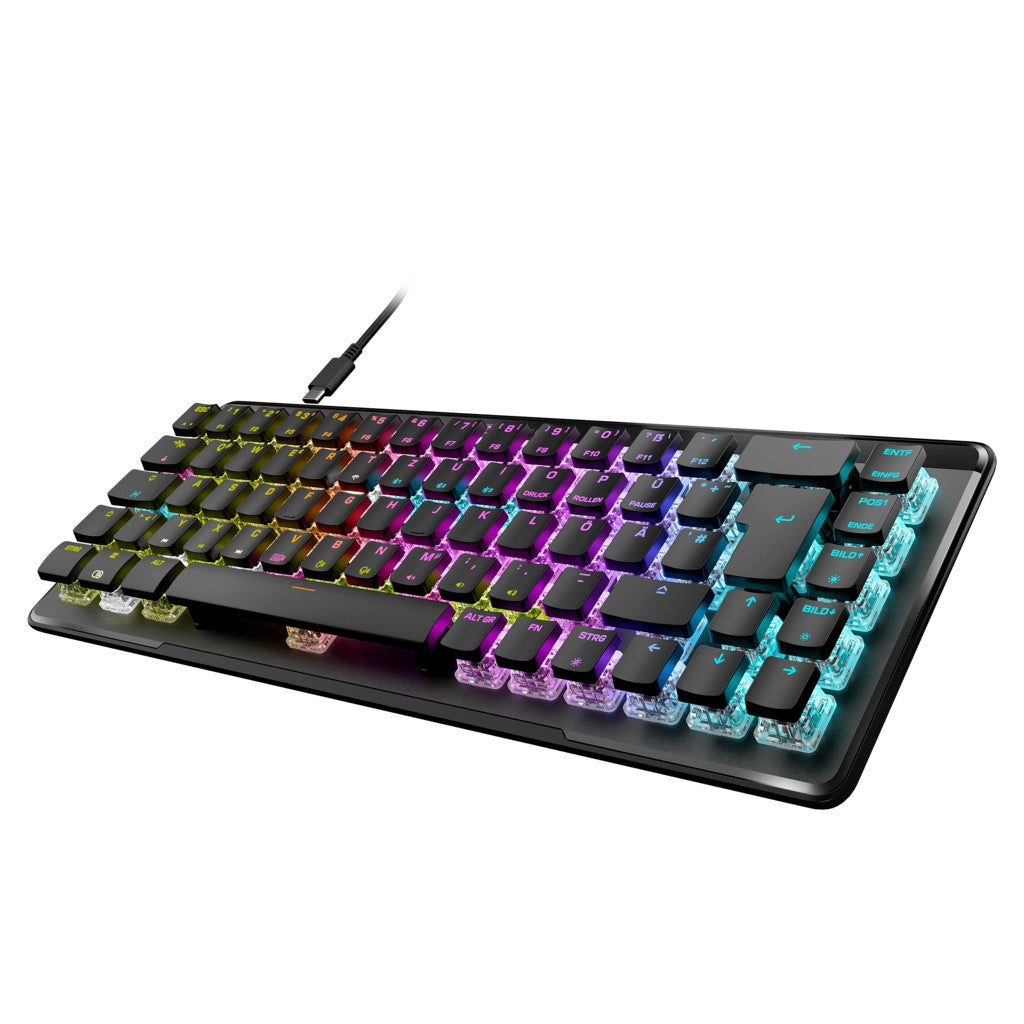 Eine schwarze Tastatur mit bunter RGB-Beleuchtung und einem USB-C-Kabel.