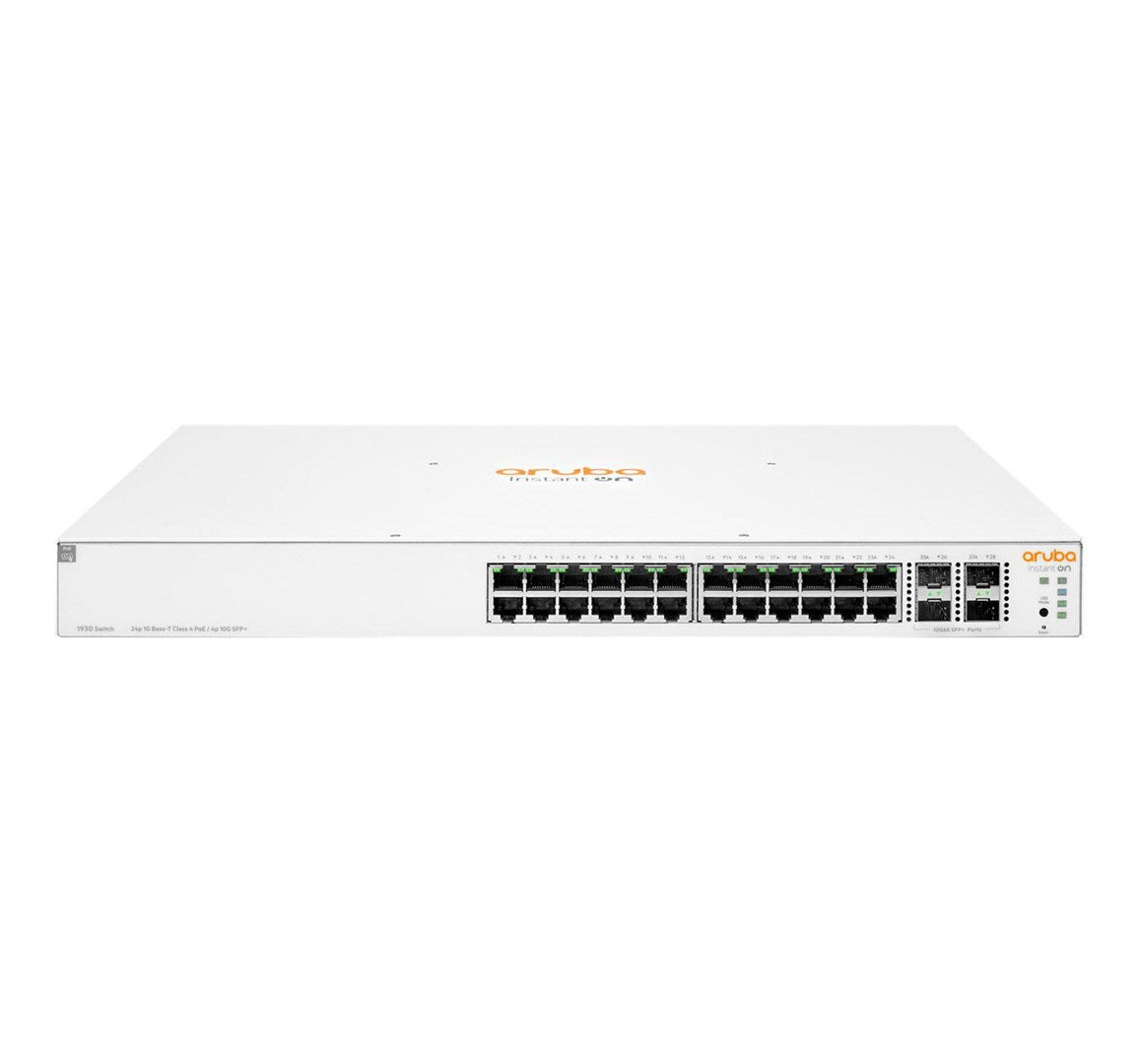 Ein weißer Aruba 26-Port Switch mit 24x 10GbE PoE und 2x 10GbE SFP-Ports.