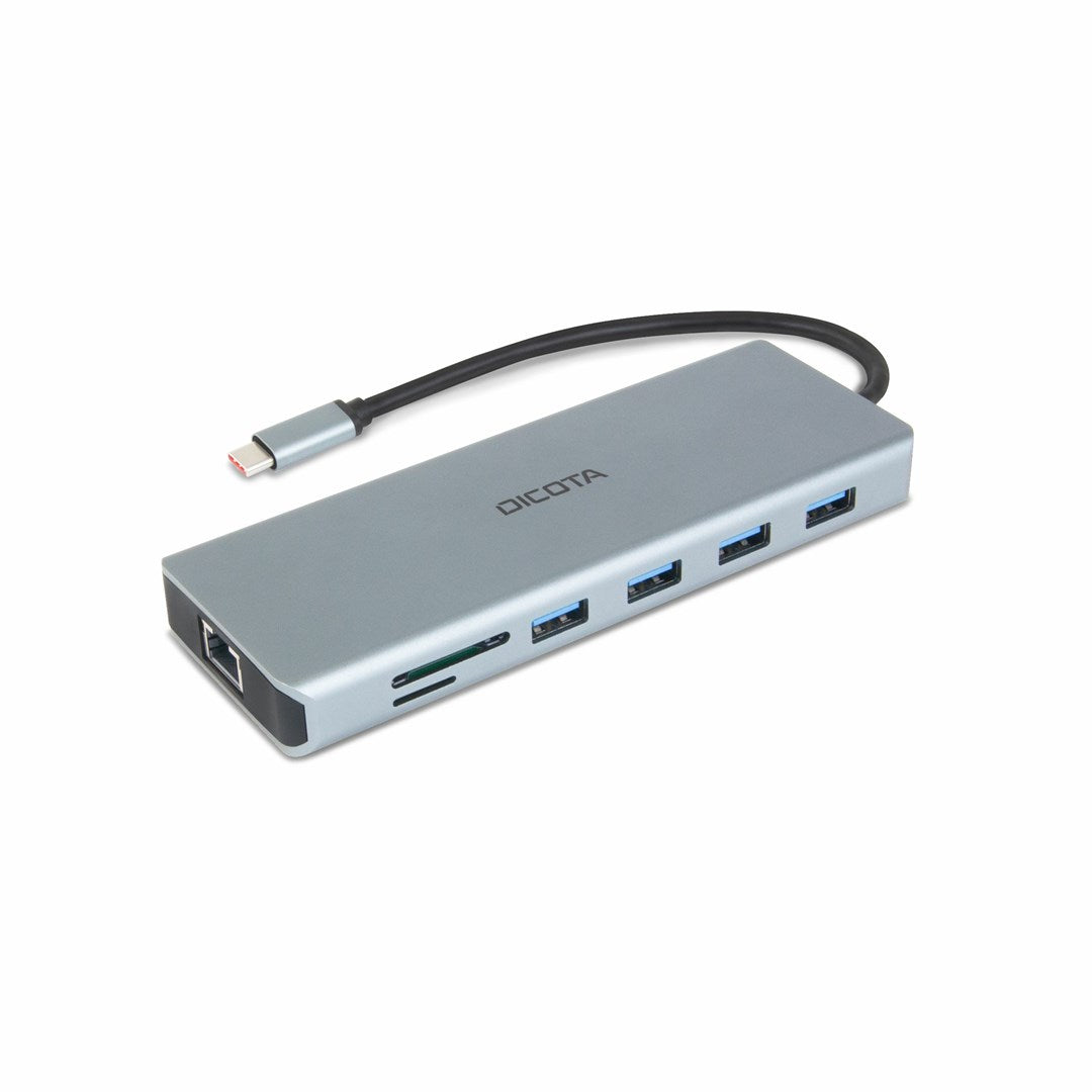 Grauer Dicota USB-C Hub mit Ethernet-Anschluss, SD-Kartensteckplatz und vier USB-A-Anschlüssen.