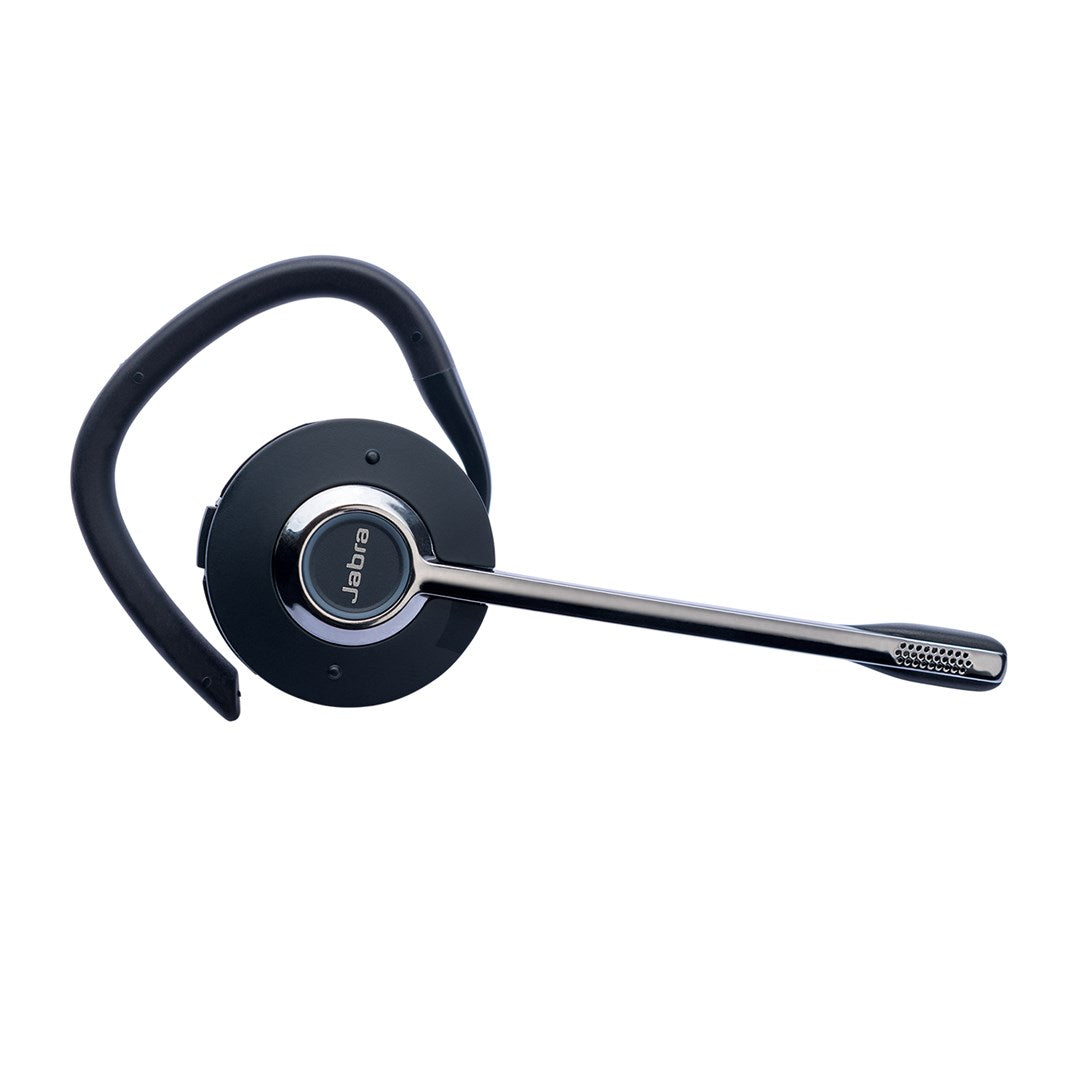 Un auricular Jabra negro con gancho para la oreja y brazo de micrófono.