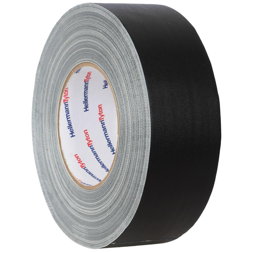 Un rotolo di nastro adesivo nero con anima argentata e segni.