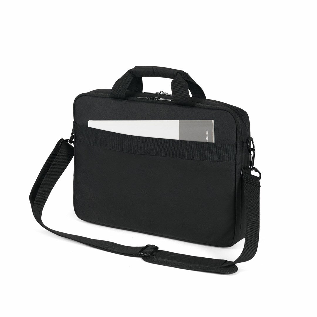 Borsa nera per laptop con manici, tracolla e tasca frontale con un documento.