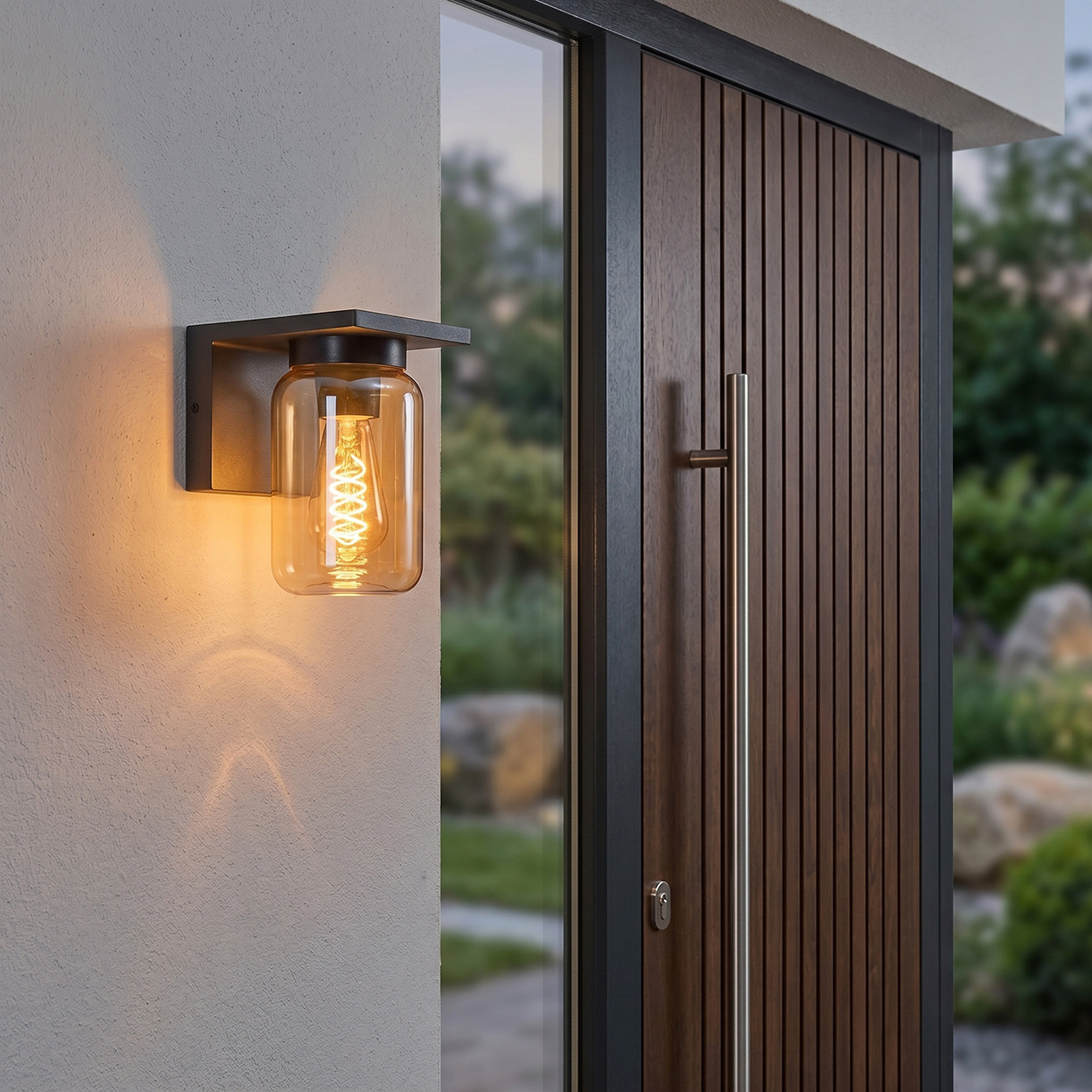 Eine Wandleuchte mit Glaszylinder neben einer Holztür im Freien.