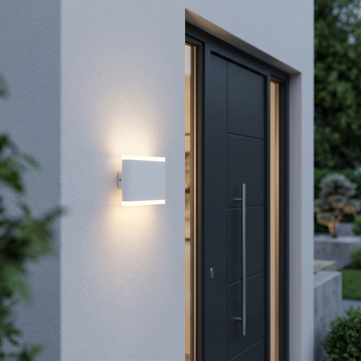 Eine weiße Wandleuchte mit warmem Licht leuchtet neben einer dunklen Haustür.