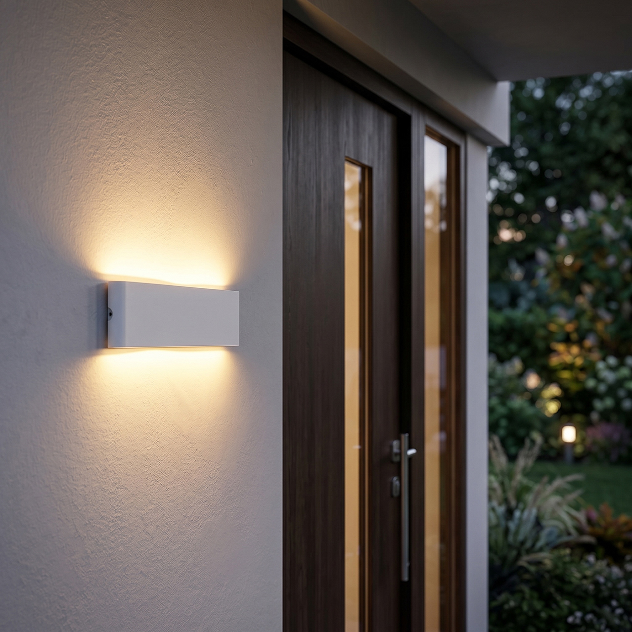 Ein weißer Wandaußenstrahler beleuchtet eine strukturierte Wand neben einer dunklen Holztür.