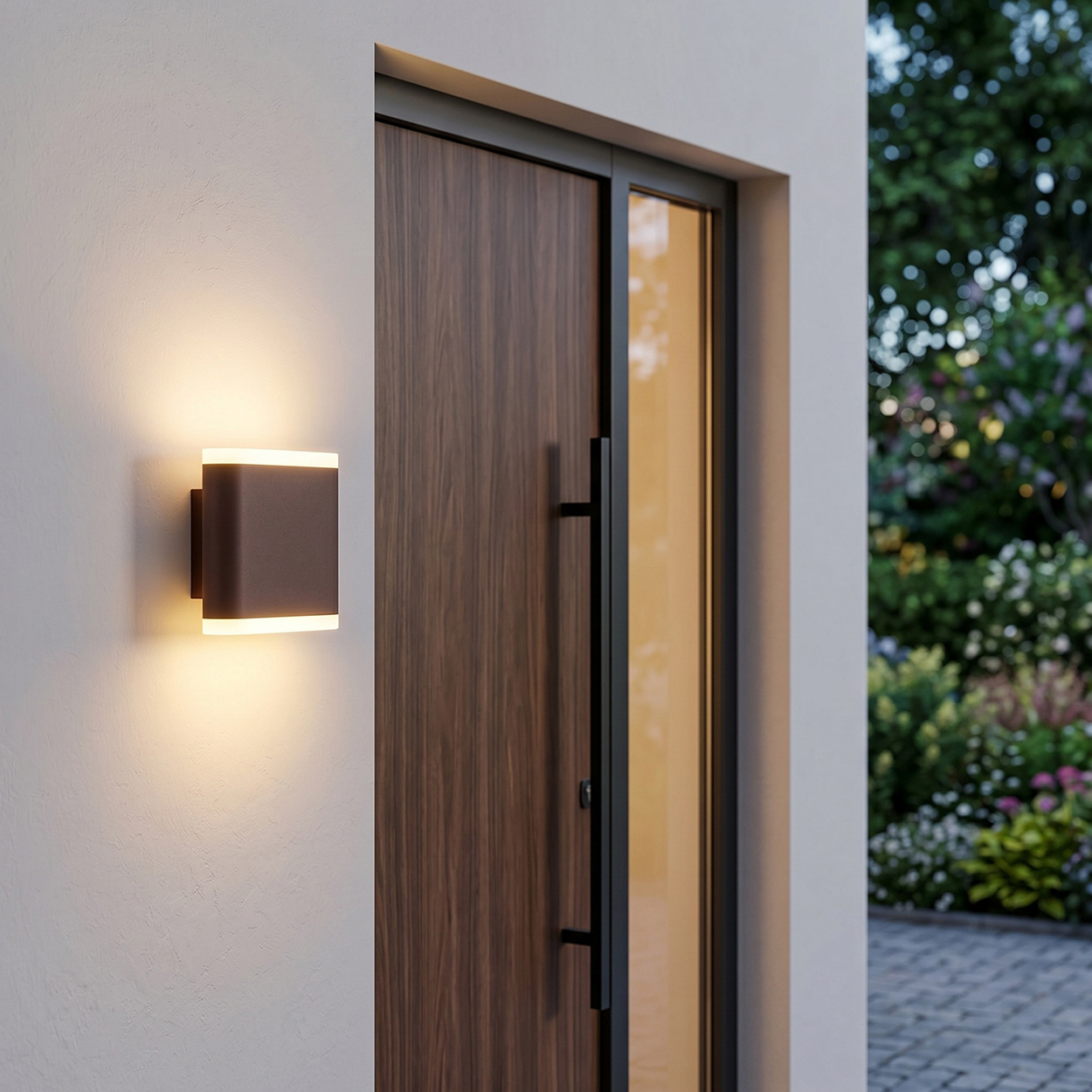 Ein dunkler Wandleuchter leuchtet auf einer weißen Wand neben einer Holztür.