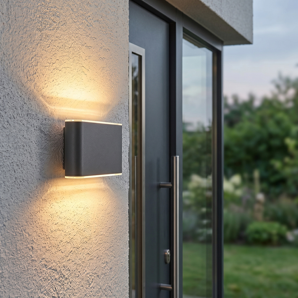Moderne dunkle Wandleuchte beleuchtet eine graue Wand neben einer dunklen Tür.