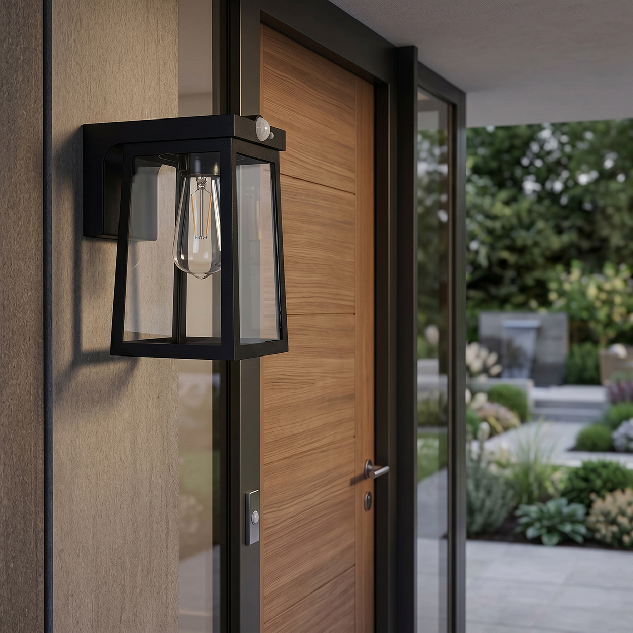 Schwarze Wandleuchte mit Glas und Glühbirne, daneben eine Holztür und ein Garten.