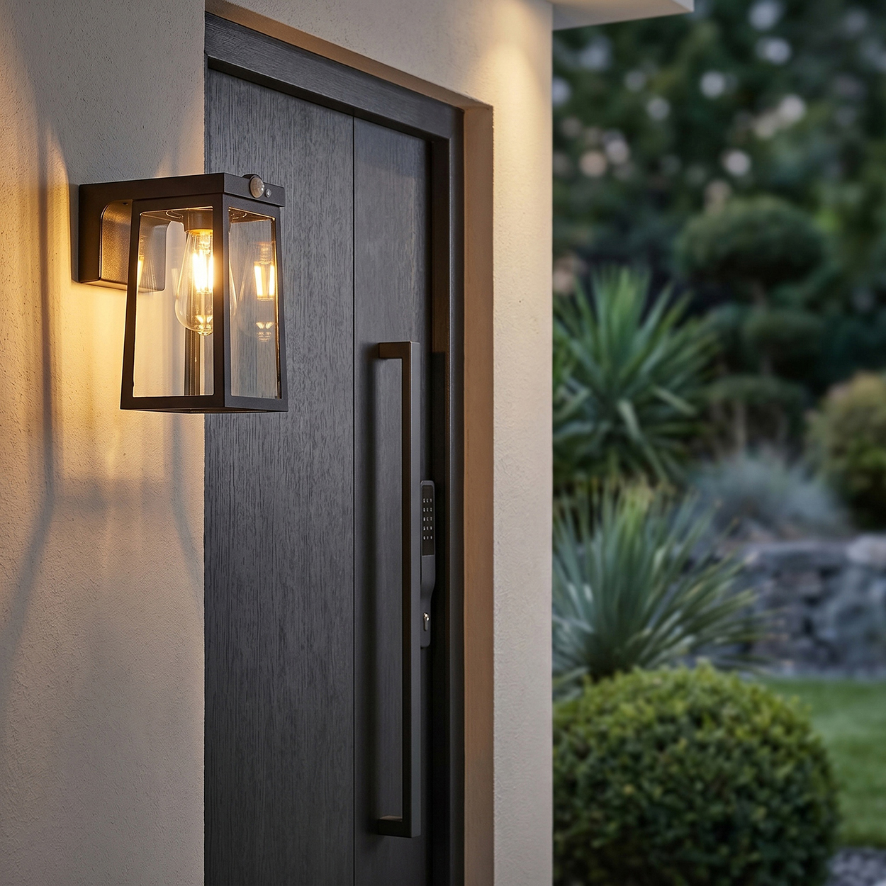 Eine schwarze Wandleuchte mit Glaseinsätzen beleuchtet eine dunkle Holztür.