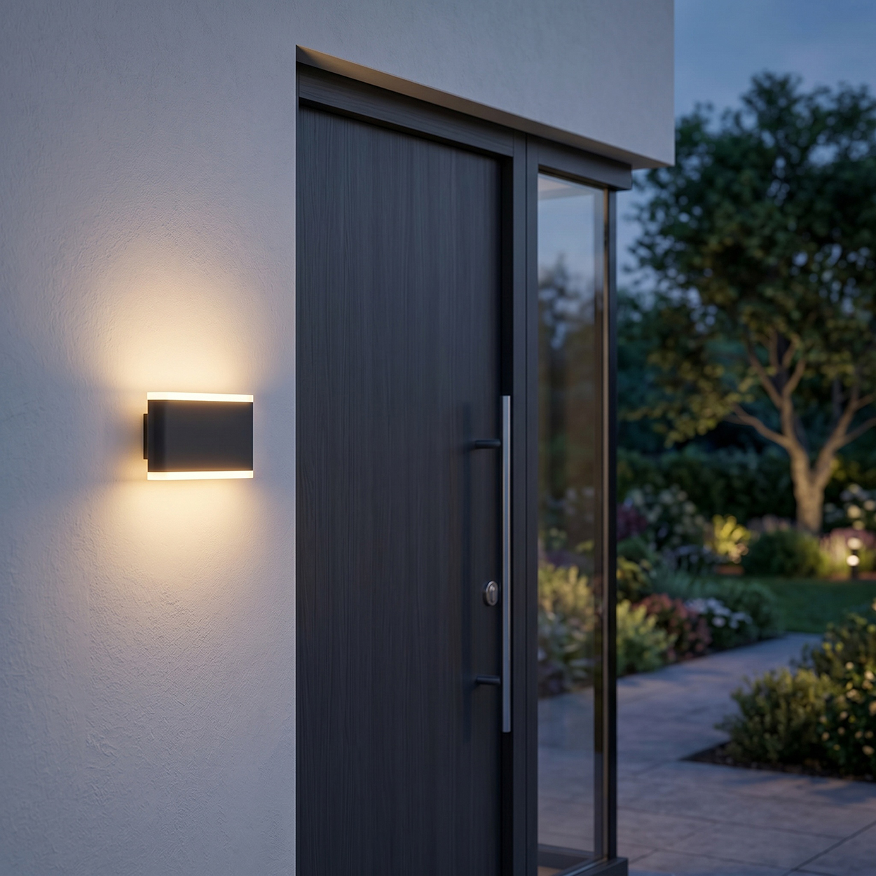 Eine Wandleuchte beleuchtet eine weiße Wand neben einer dunklen Tür und einem Garten.
