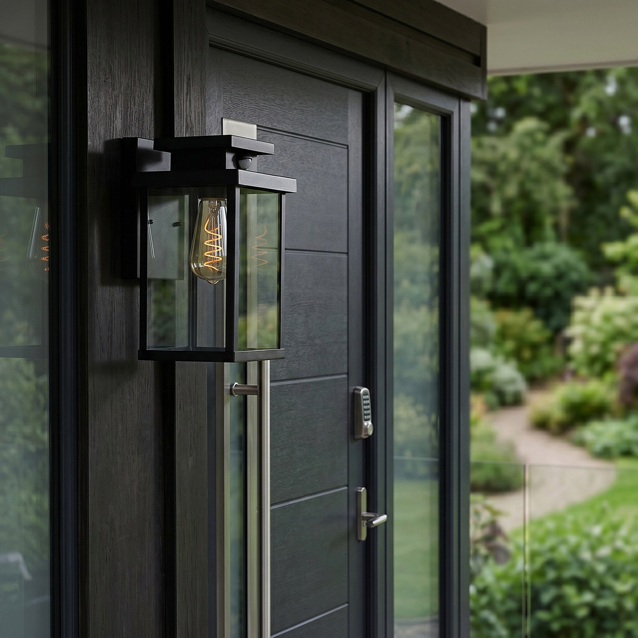 Schwarze moderne Außenlaterne an dunkler Holztür neben Glasfeld und Garten.