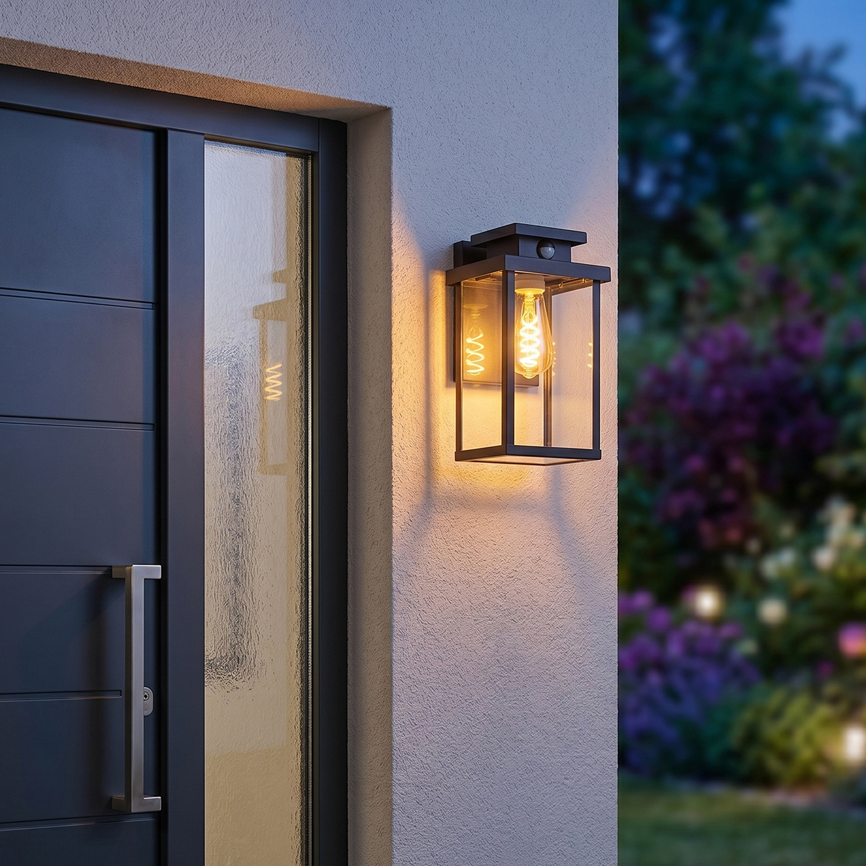 Dunkle Tür mit Glasfenster und Laternenlicht an Hauswand, Hintergrund verschwommen.
