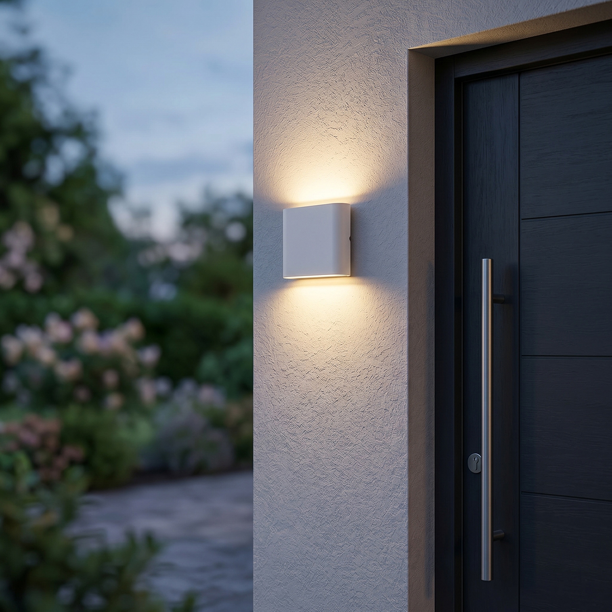 Weiße Wandleuchte beleuchtet eine graue Tür im Abendlicht.