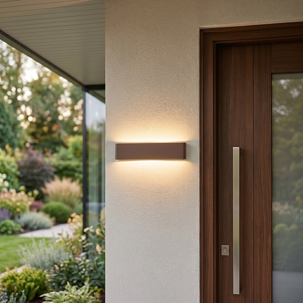 Eine Wandleuchte beleuchtet eine cremefarbene Wand neben einer Holztür.