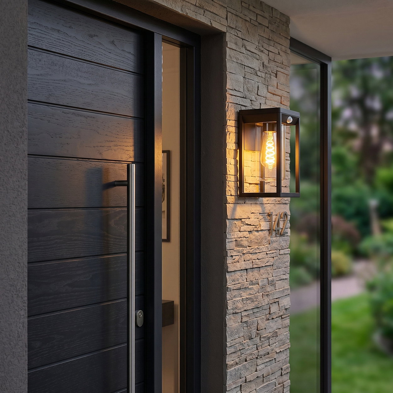 Moderne Haustür aus Holz mit Metallgriff, beleuchtet von einer Wandlampe.