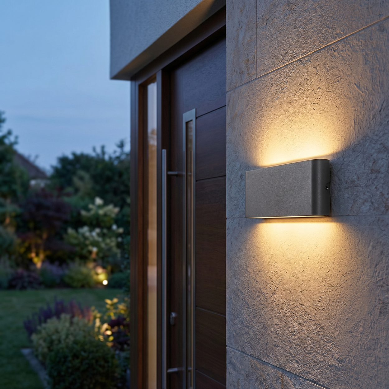 Moderne Außenleuchte an einer Steinwand beleuchtet Holztür und Garten.