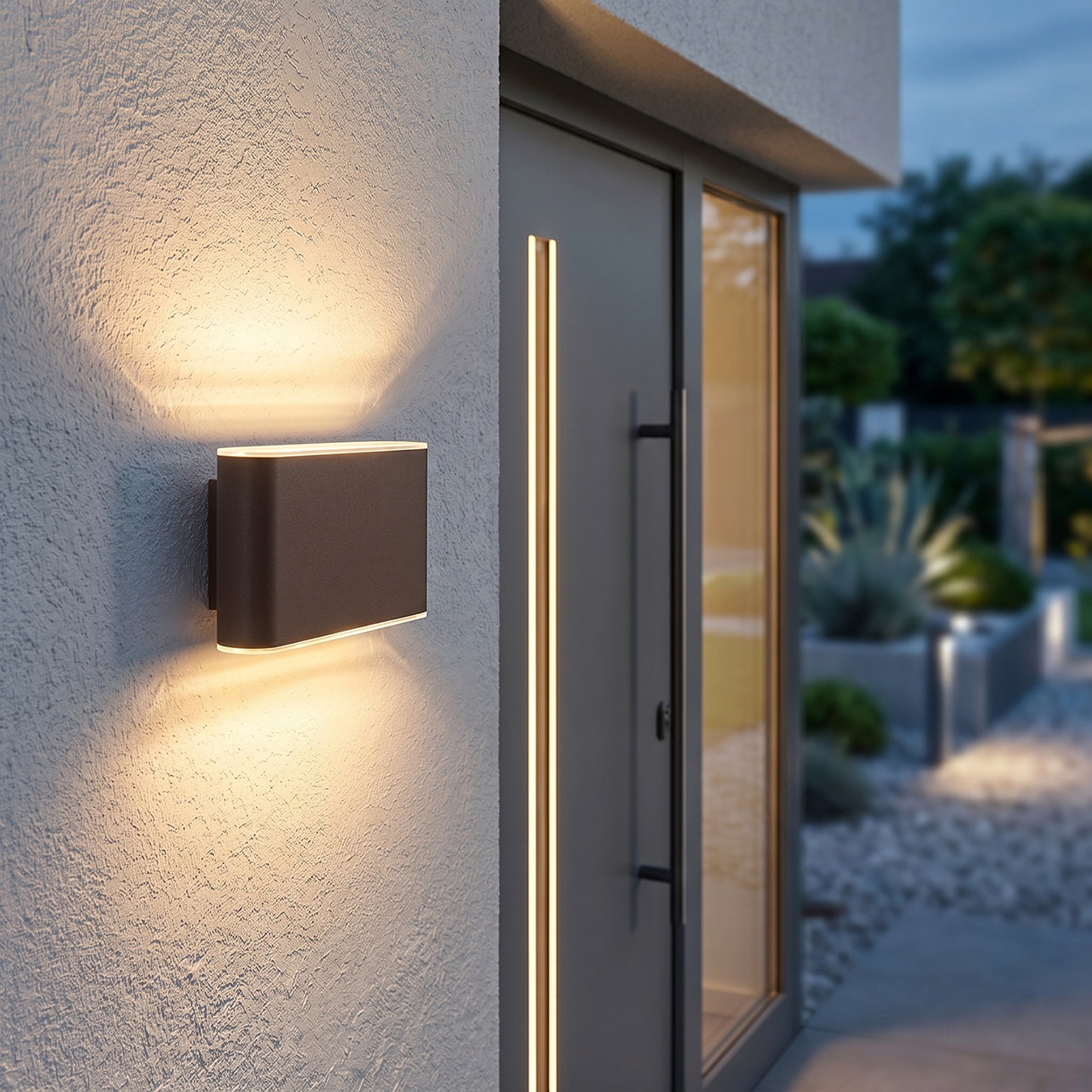 Ein dunkler Wandaußenleuchter beleuchtet eine strukturierte Wand und eine graue Tür mit vertikalem Licht.