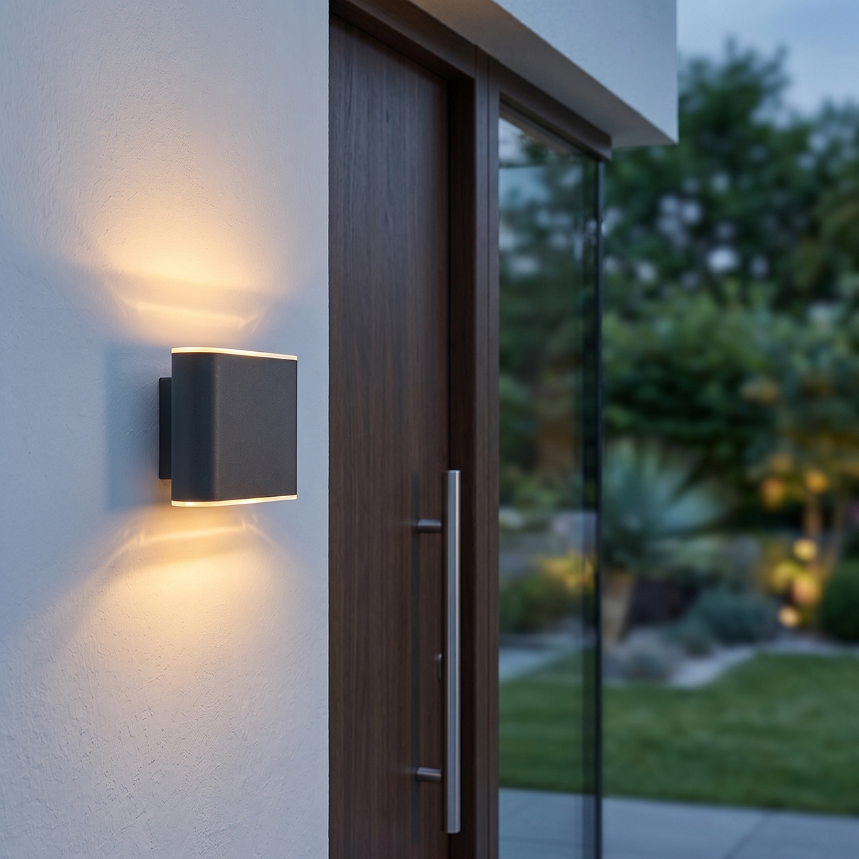 Ein dunkler Wandleuchter beleuchtet eine weiße Wand neben einer Holztür.