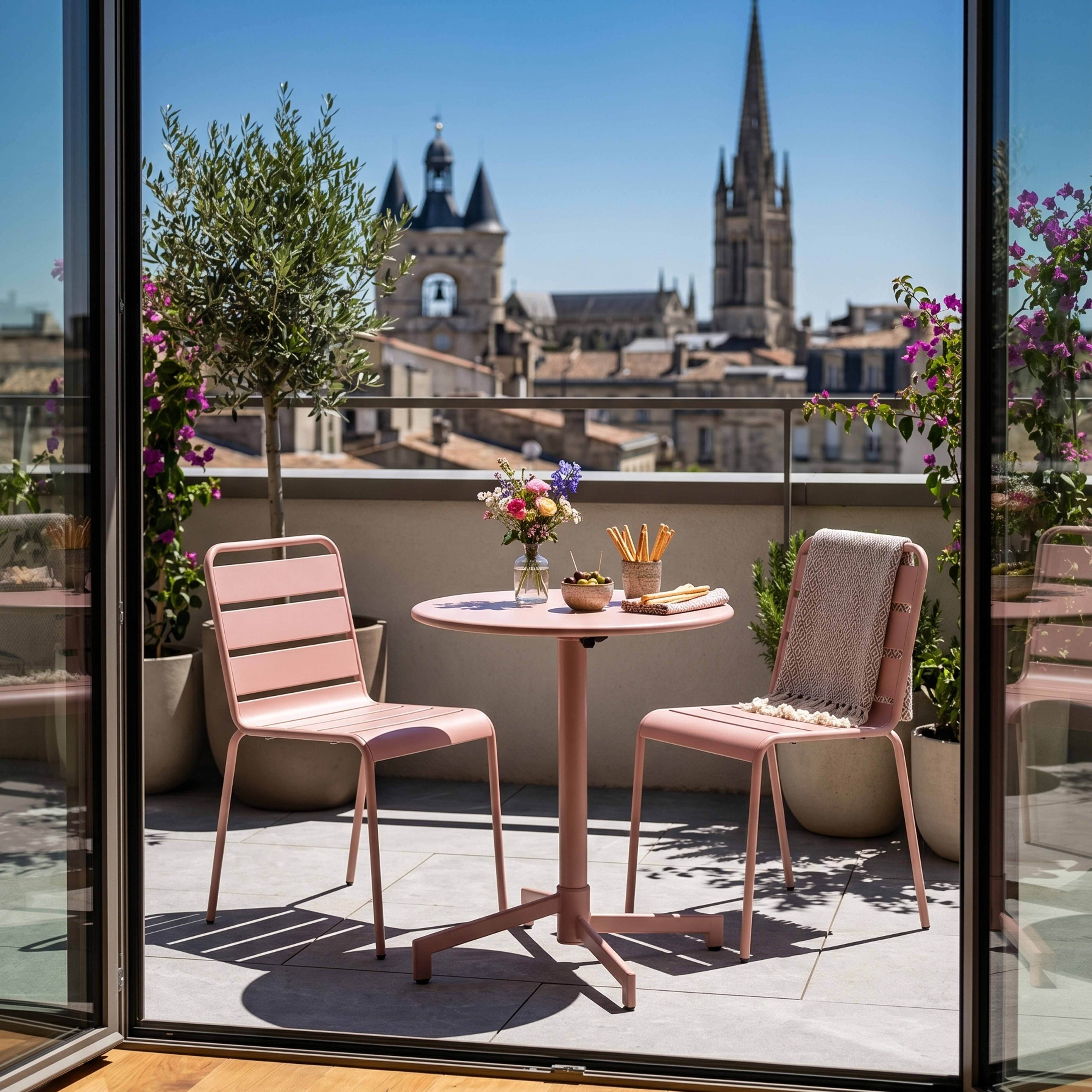 Ein rosafarbener Tisch und zwei Stühle auf einem Balkon mit Blick auf eine Stadt.