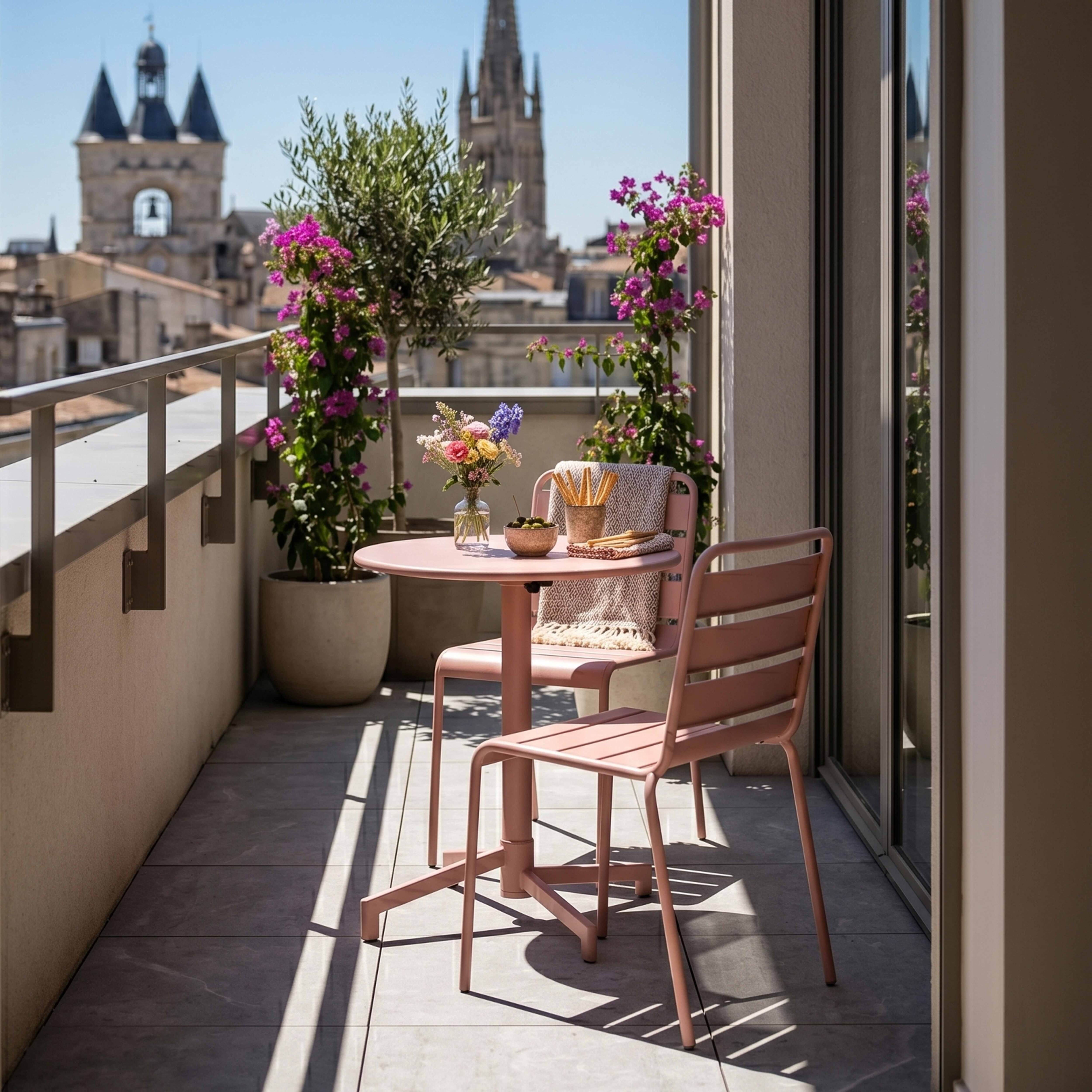 Ein rosafarbener Balkontisch und zwei Stühle mit Blick auf eine Stadt mit Kirchtürmen.