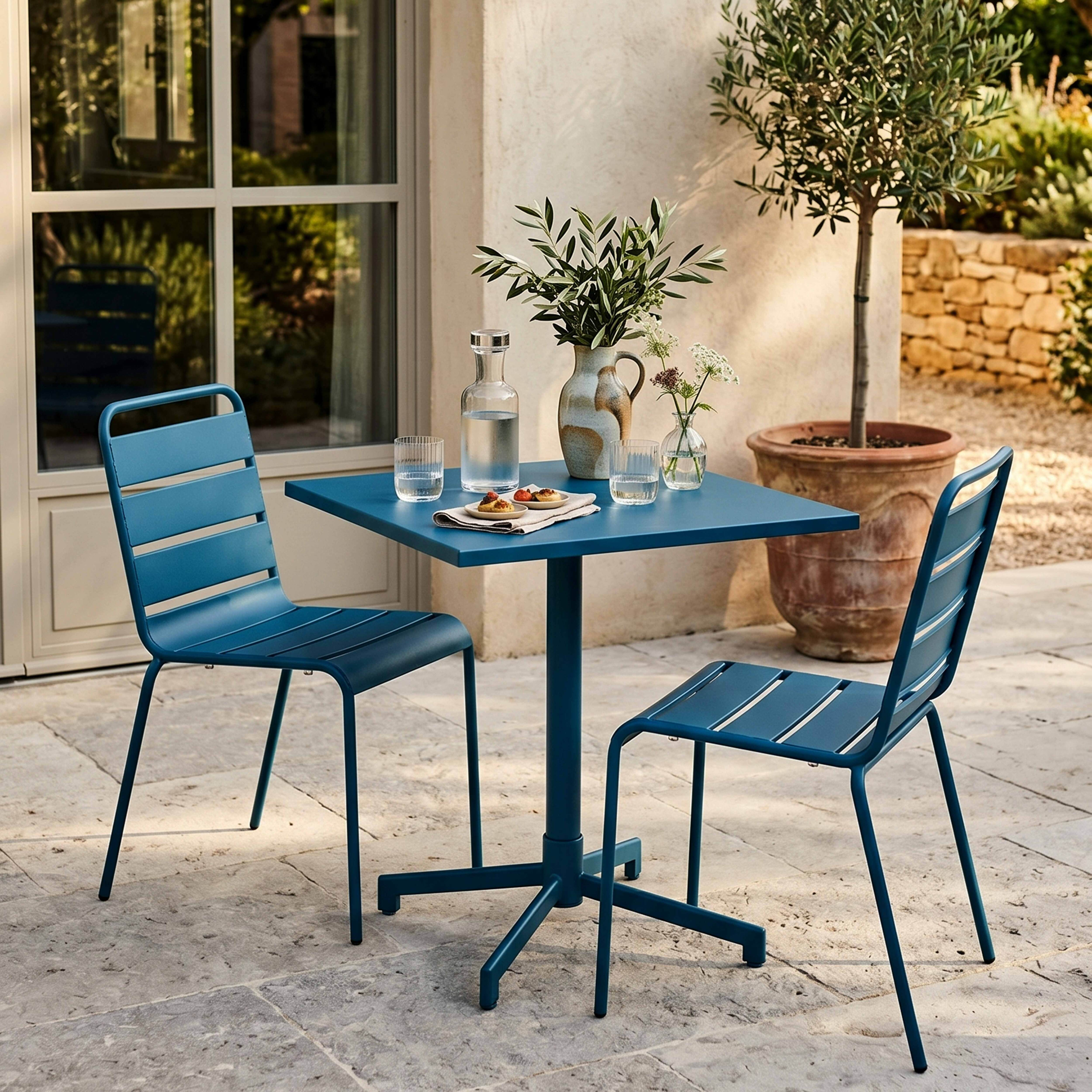 Zwei blaue Stühle und ein Tisch im Freien mit einer Vase und Gläsern.