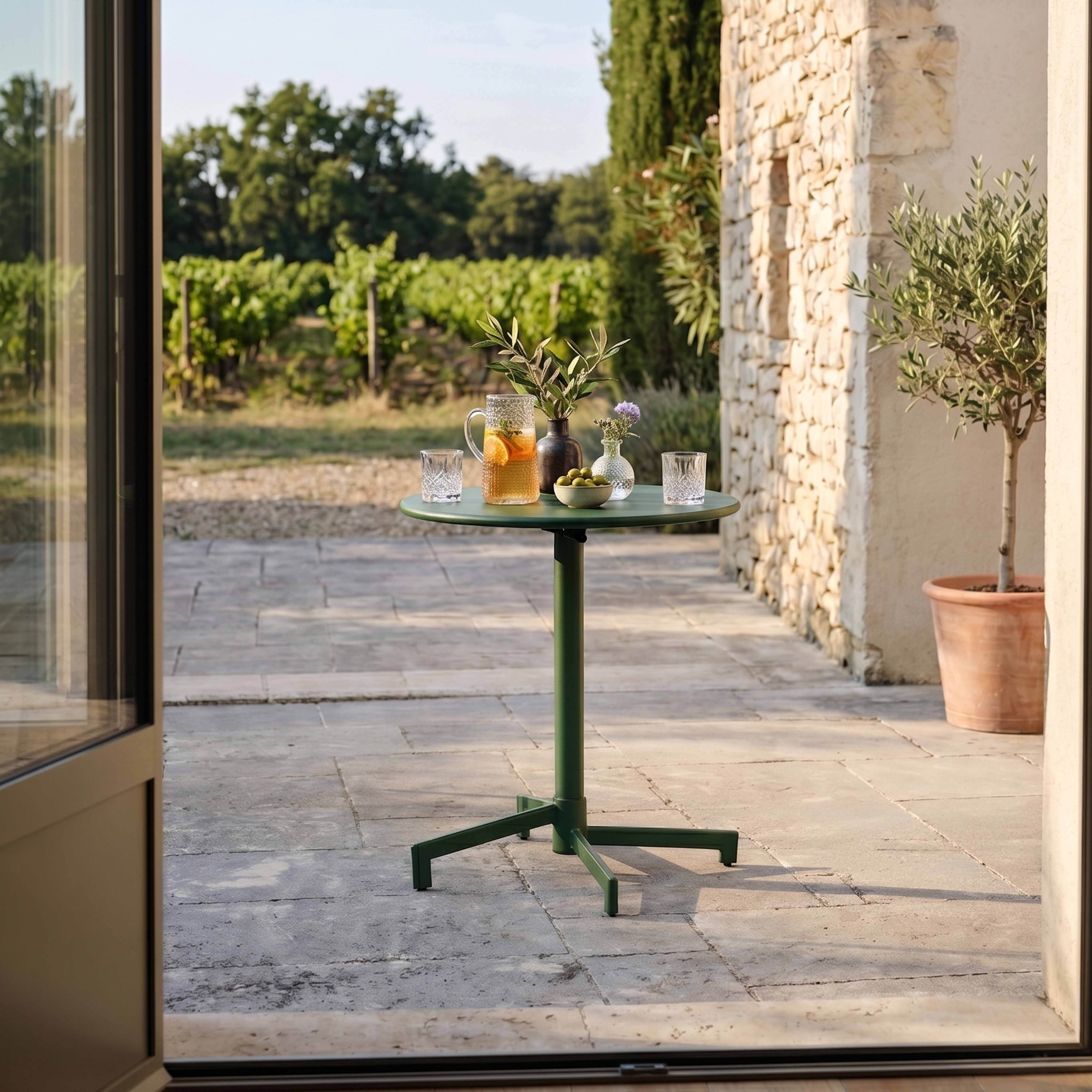 Grüner Tisch mit Getränken und Oliven im Freien, Weinreben im Hintergrund.