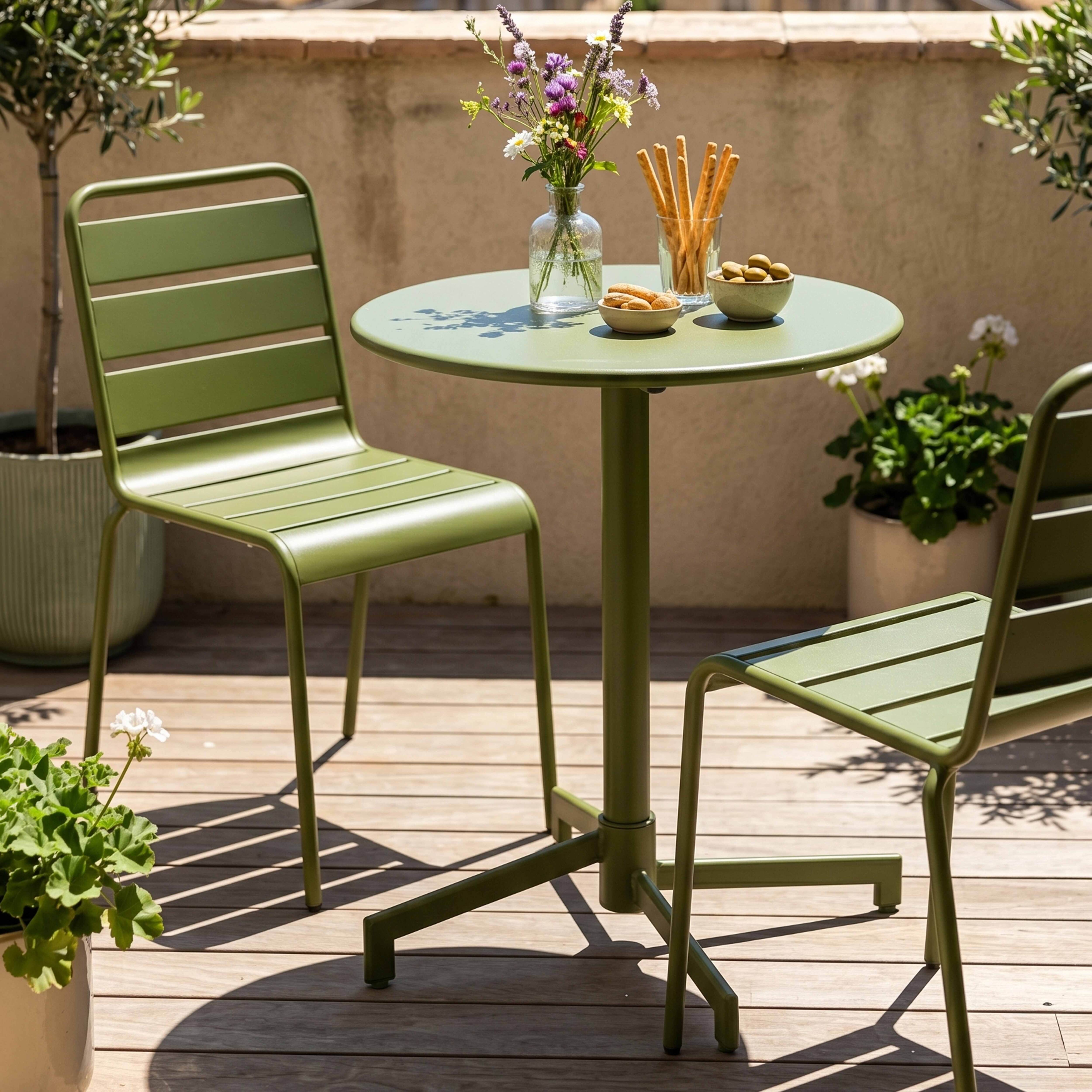 Ein runder grüner Tisch mit zwei Stühlen, Blumen und Snacks auf einer Holzterrasse.