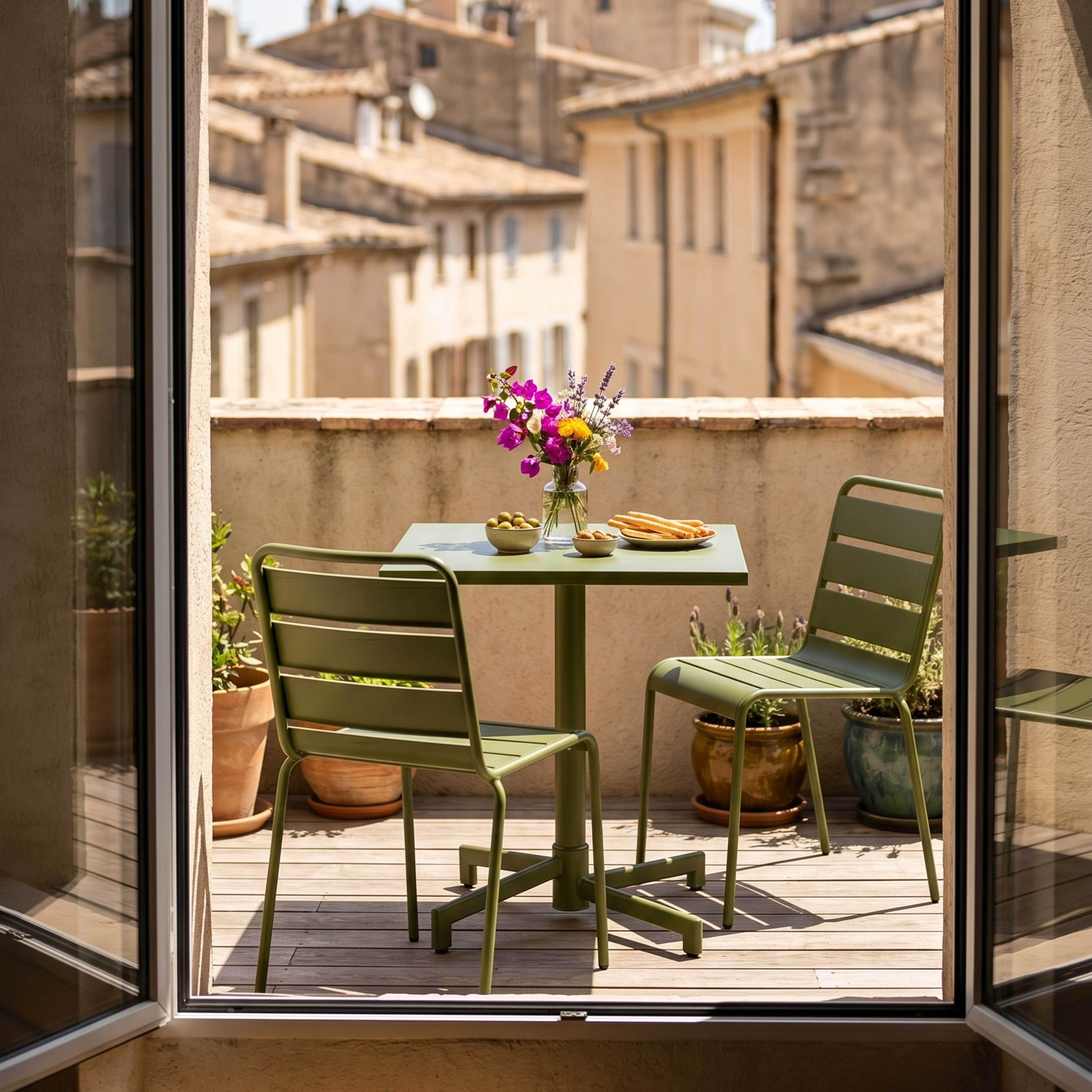 Grüner Gartentisch und Stühle mit Blumen und Snacks auf einem Balkon mit Blick auf Gebäude.