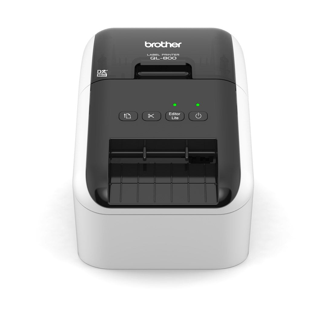 Ein weißer Brother Etikettendrucker QL-800 mit schwarzen Bedienelementen.