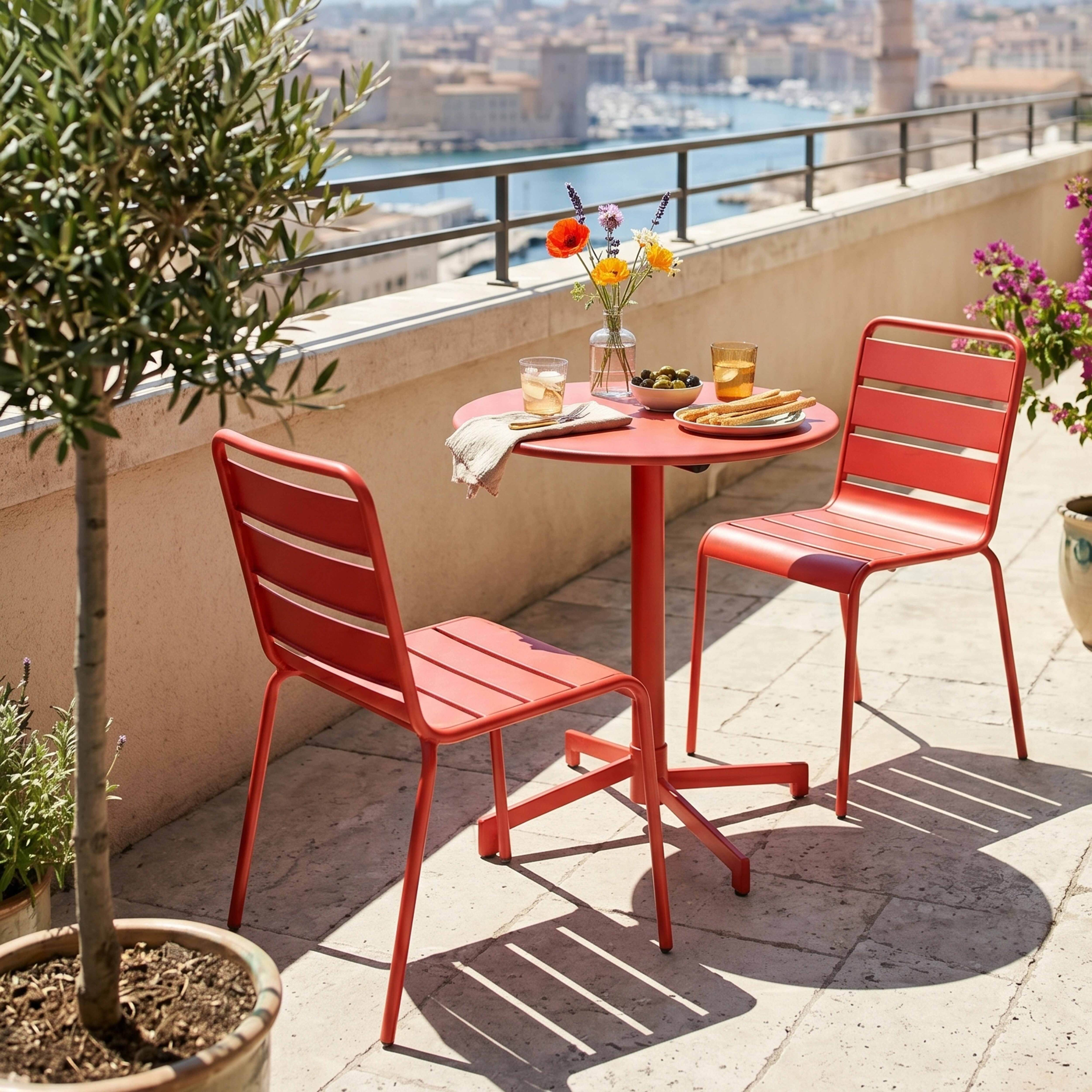Roter Gartentisch und Stühle auf einer Terrasse mit Blick auf eine Stadt und ein Meer.