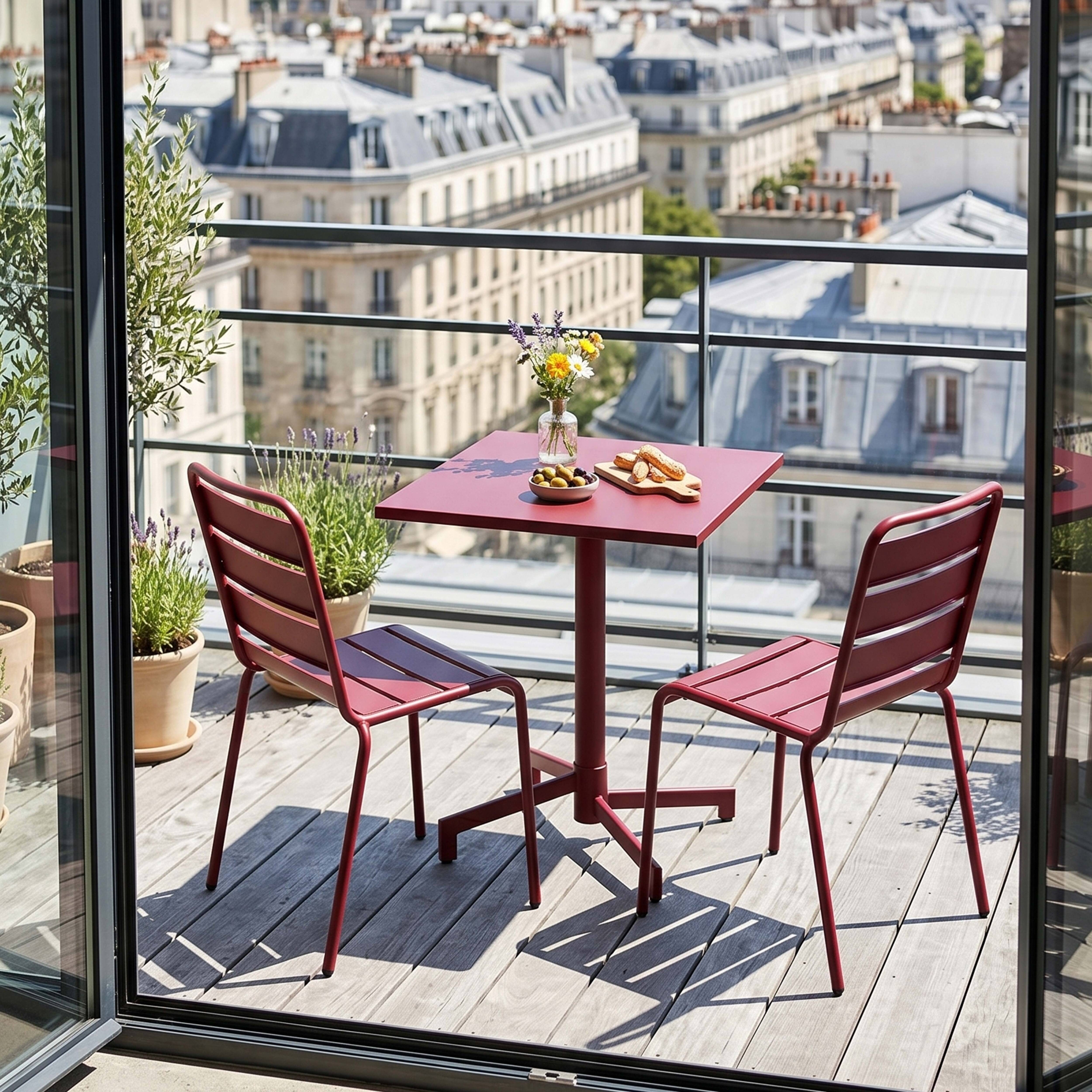 Roter Tisch und Stühle auf einem Balkon mit Blick auf Pariser Gebäude.