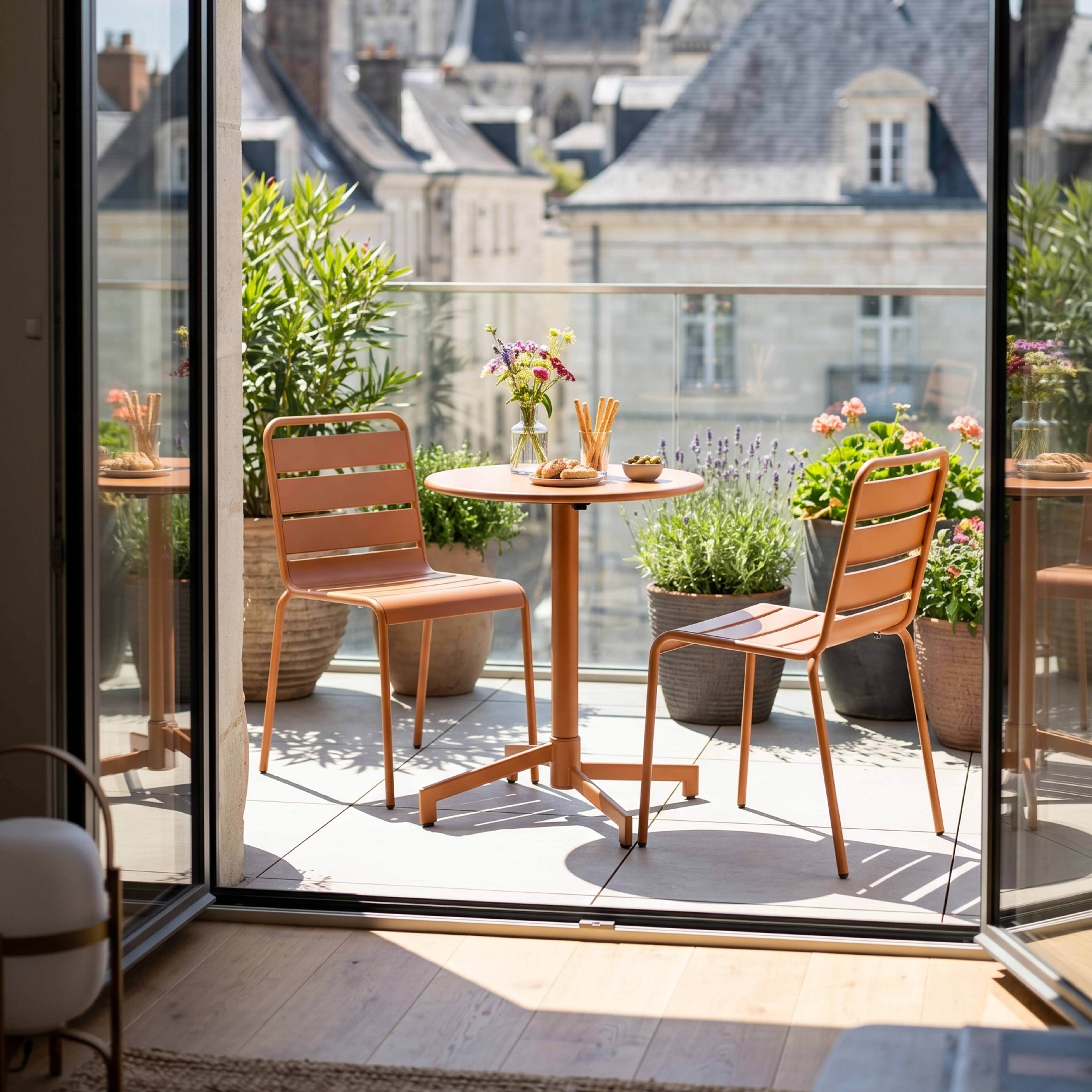 Ein orangefarbener Tisch und zwei Stühle stehen auf einem Balkon mit Blick auf eine Stadt.