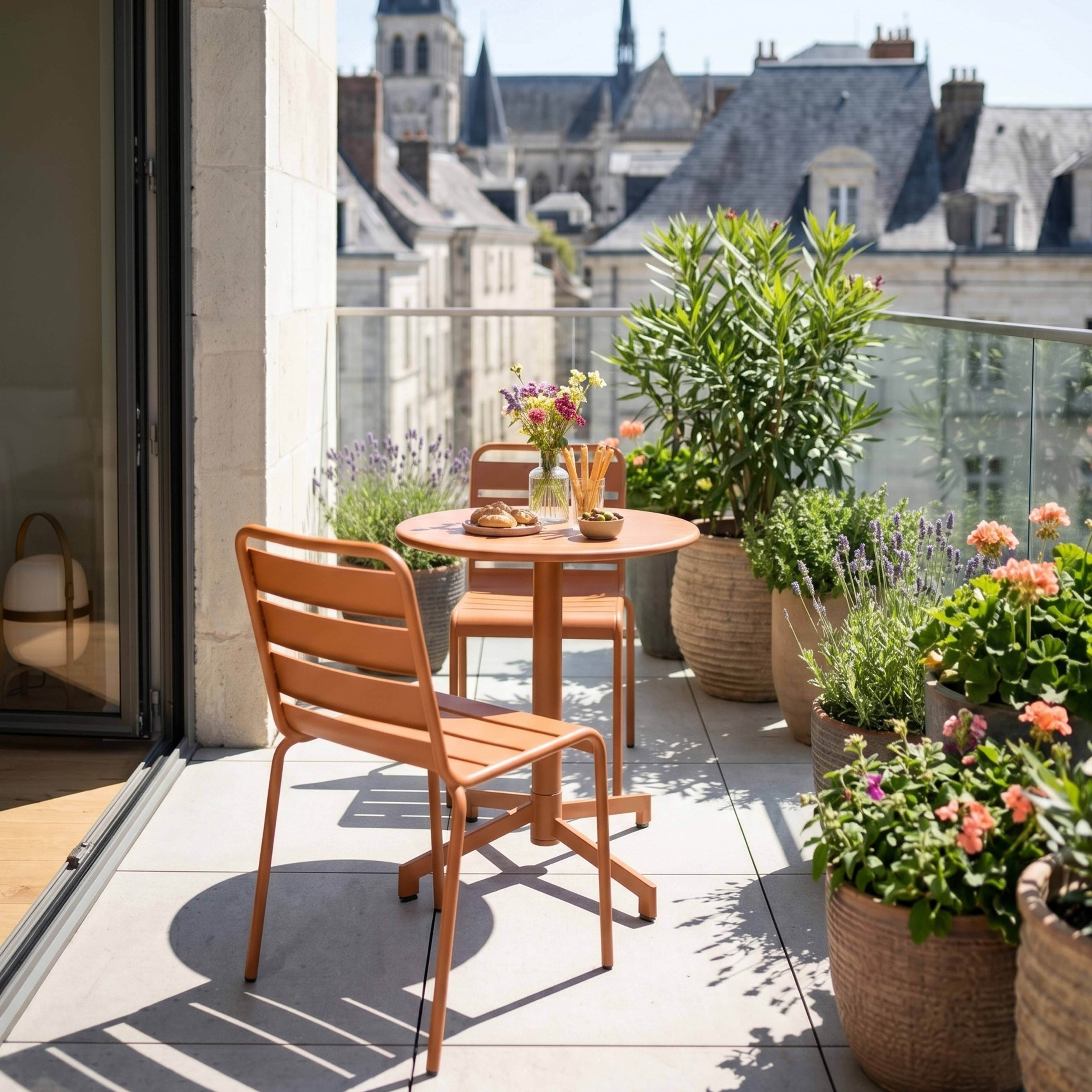 Terrasse mit orangenem Tisch und Stühlen, Pflanzen und Stadtblick.