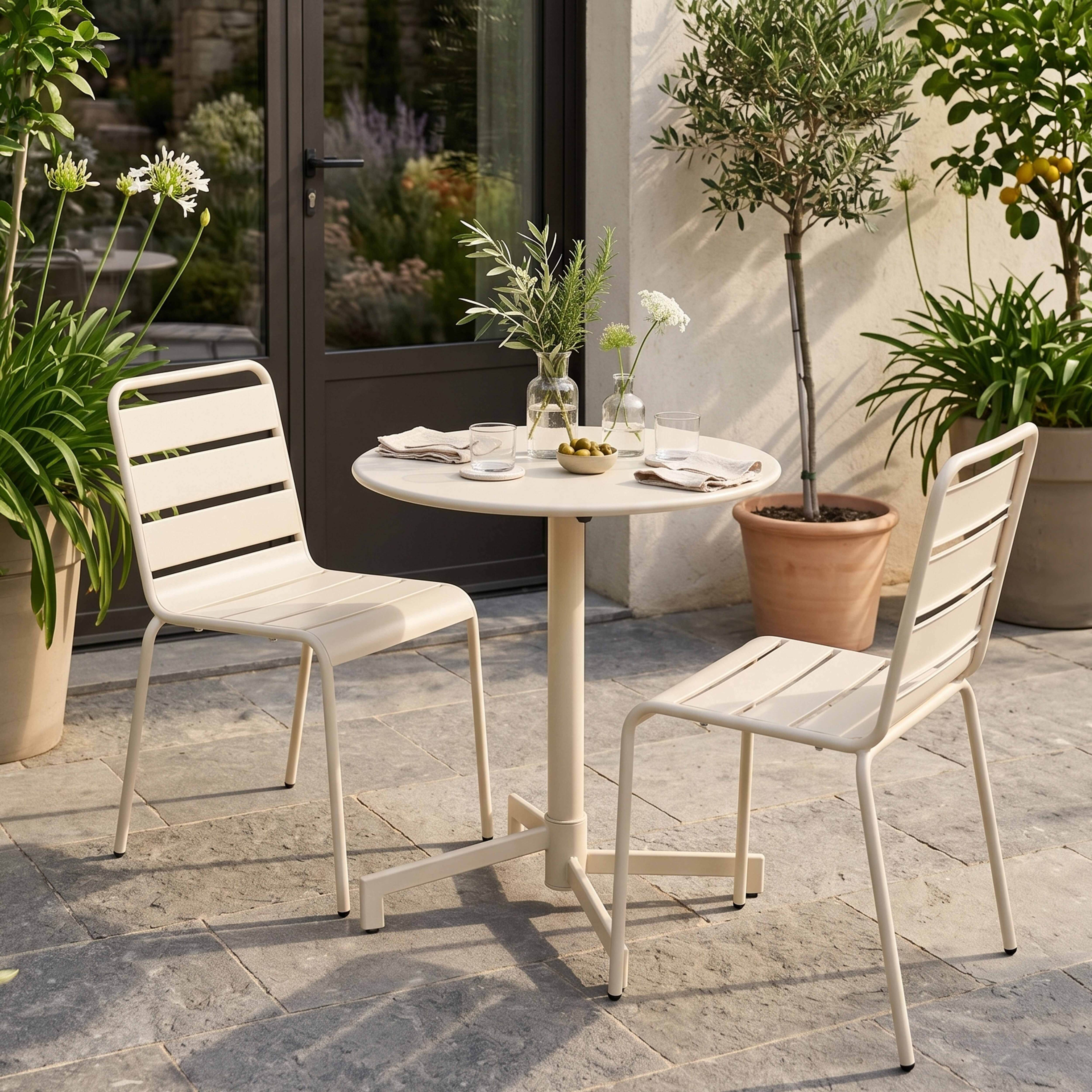 Ein beiger Gartentisch mit zwei Stühlen steht auf einer Steinterrasse neben Pflanzen.