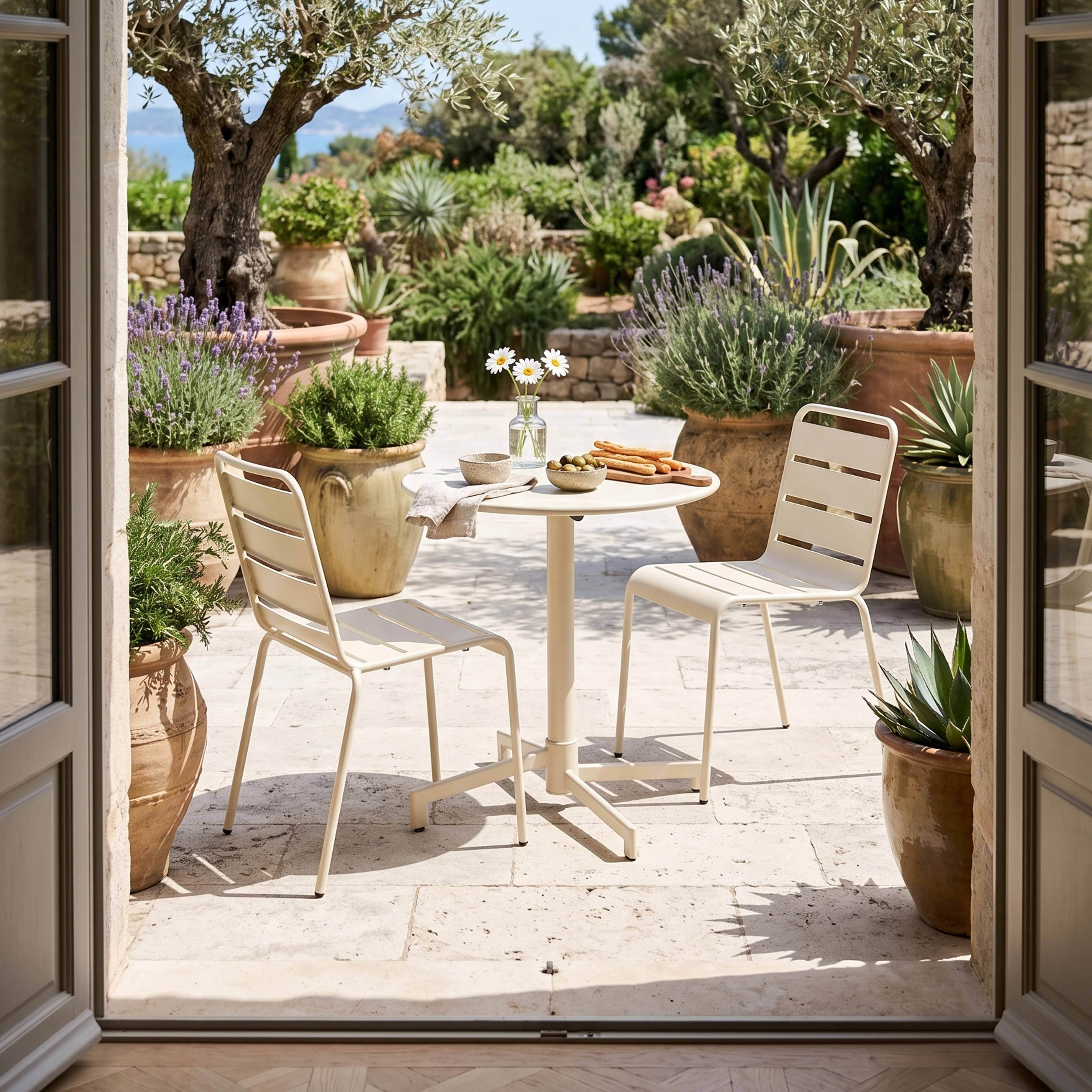 Terrasse mit Tisch, zwei Stühlen und Pflanzen im Freien.