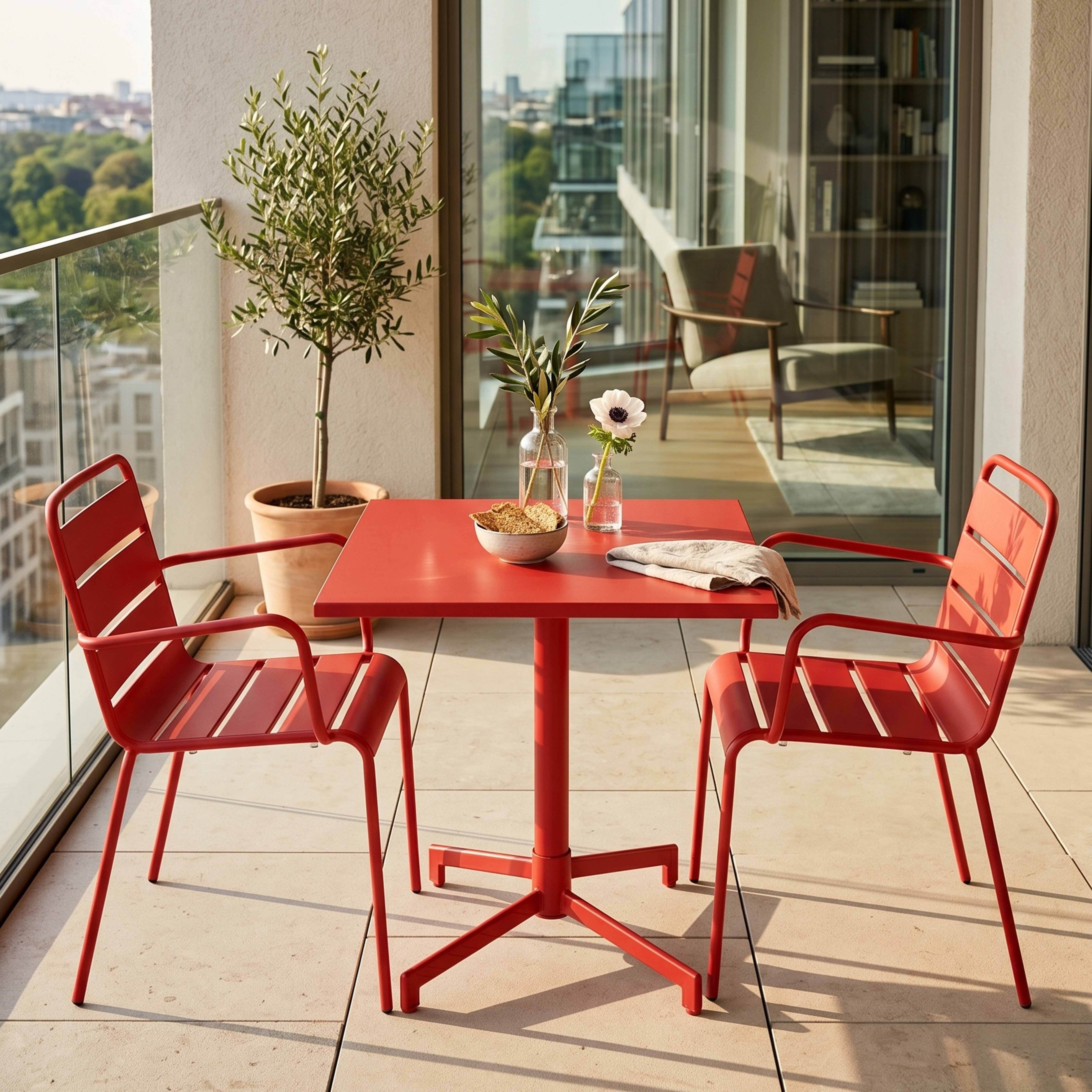 Roter Balkontisch mit zwei Stühlen, Olivenbaum, Blumen und Blick auf die Stadt.