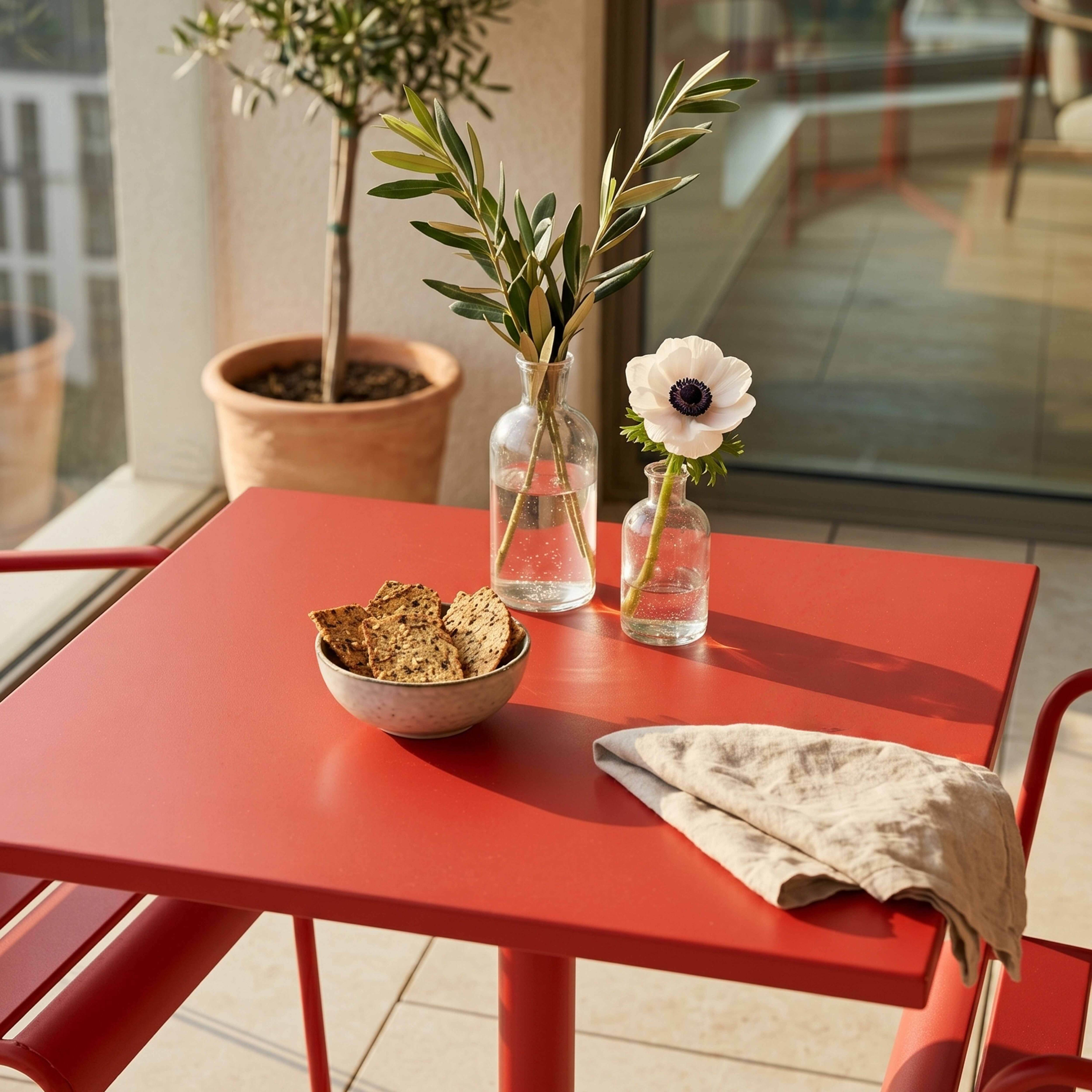 Ein roter Tisch mit Crackern, Blumen und Olivenzweigen auf einer Terrasse.