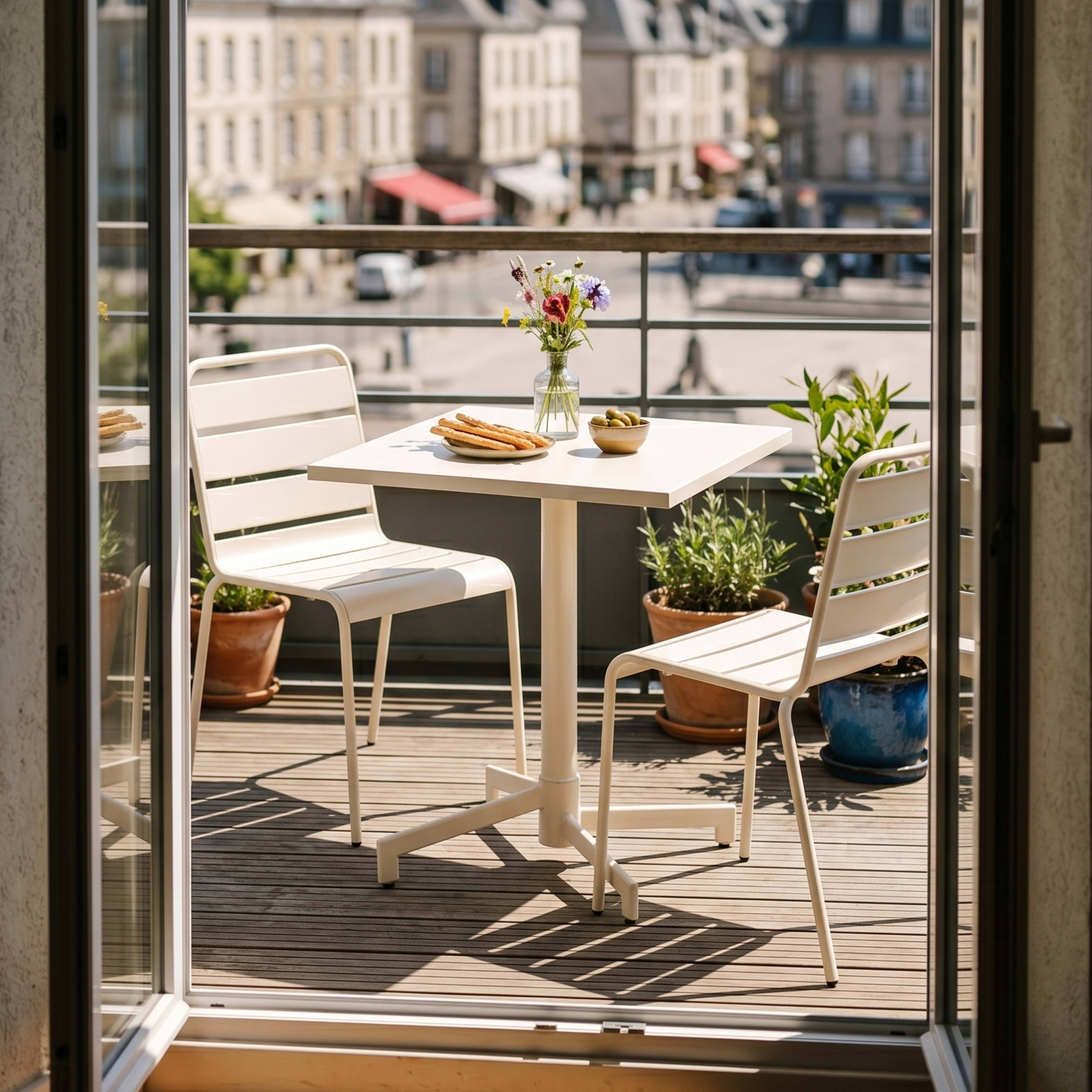 Ein heller Balkontisch mit Stühlen, Blumen und Snacks, mit Stadt im Hintergrund.