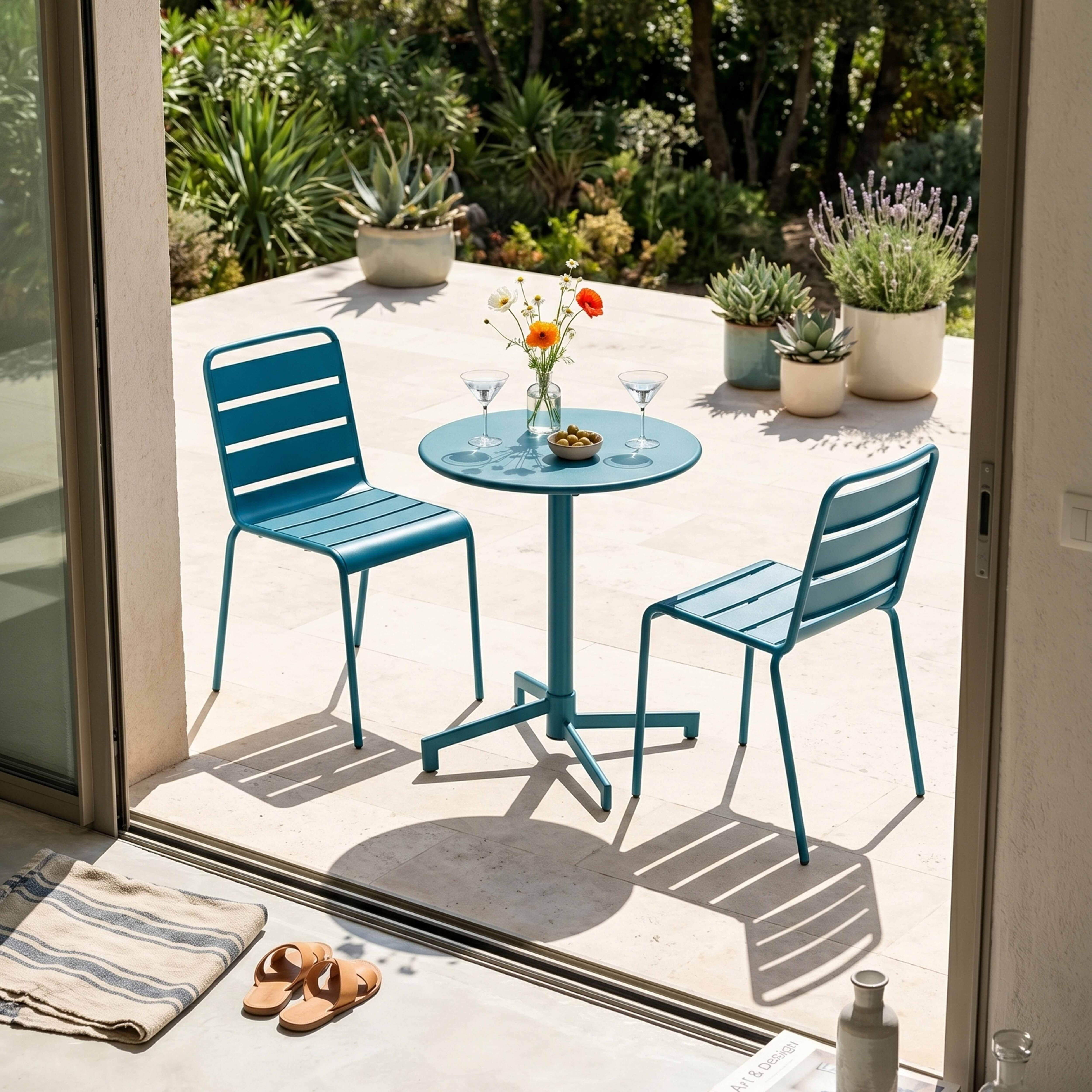 Ein blauer Tisch mit zwei Stühlen auf einer Terrasse. Blumen, Gläser und Oliven sind auf dem Tisch.