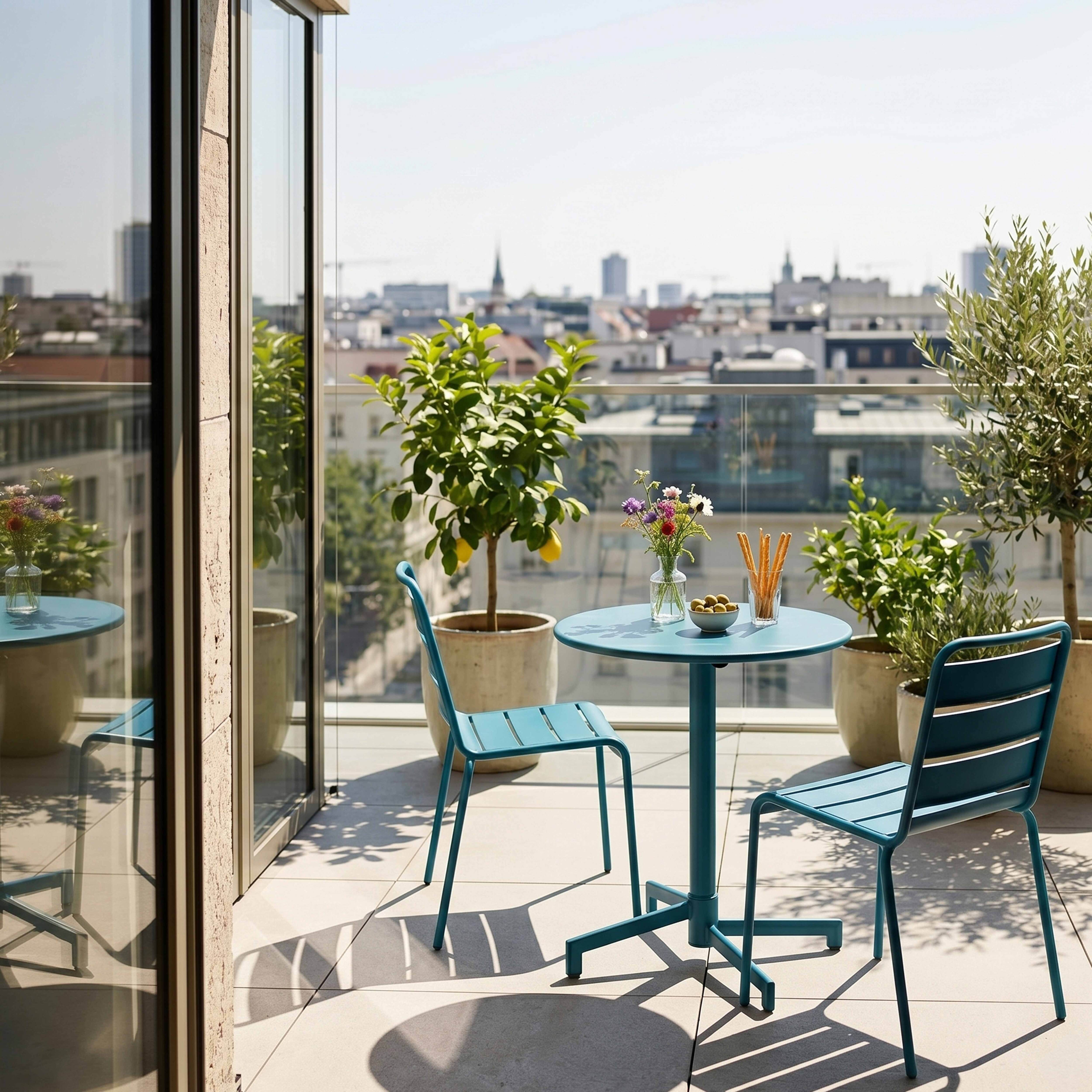 Ein blauer Tisch und zwei Stühle auf einem Balkon mit Stadtblick.